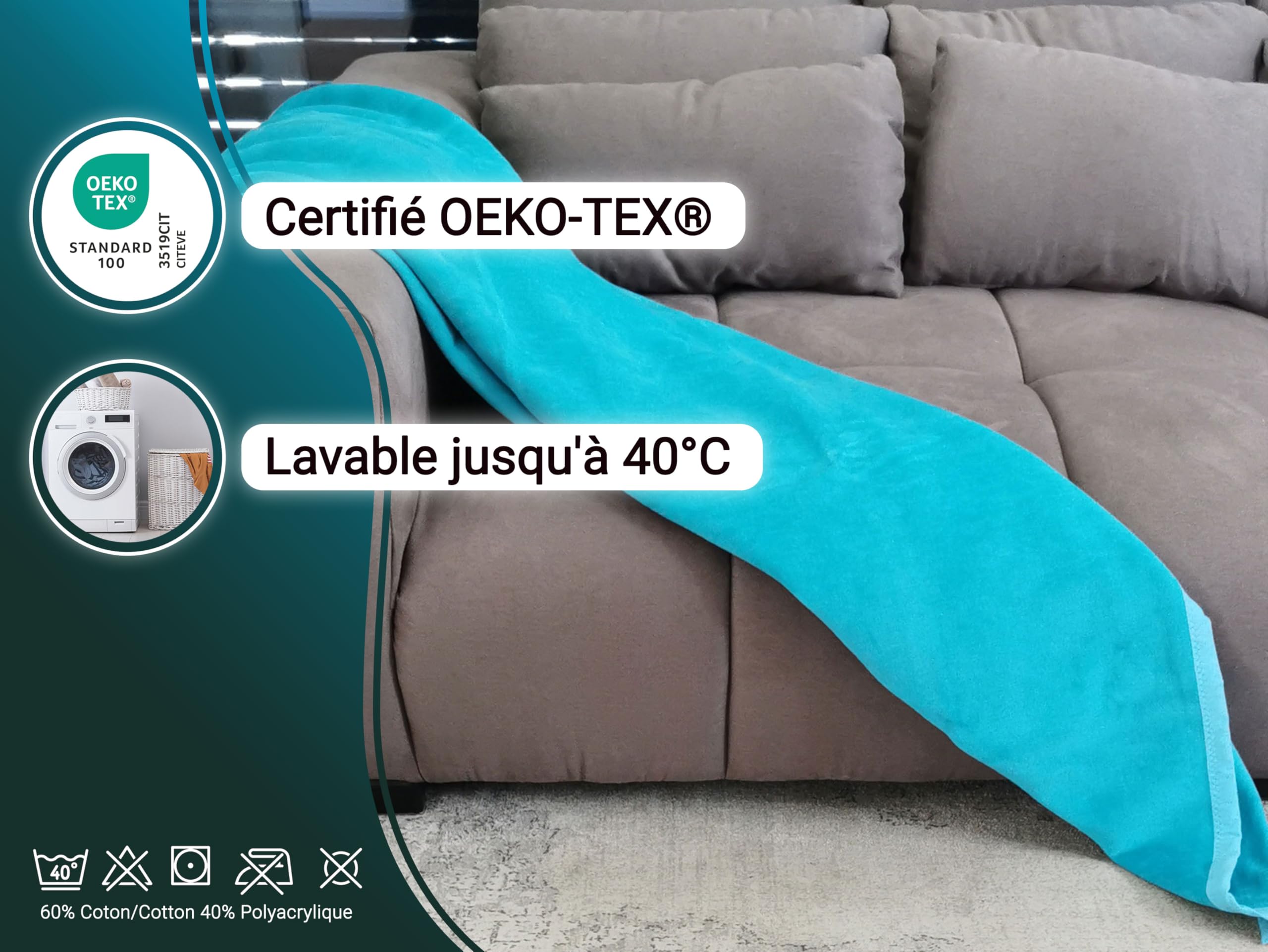 ZOLLNER Couverture Douillette Moelleuse en 150x200 cm - Couverture de canapé Douce en Turquoise - Lavable jusqu'à 40°C - avec Bande de Bordure - qualité hôtelière - certifiée Oeko Tex®