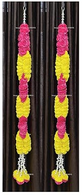 Sphinx artificial marigold fluffy flowers rope/chain motif garlands - pack of 2 (Yellow and Dark Pink (Rani))