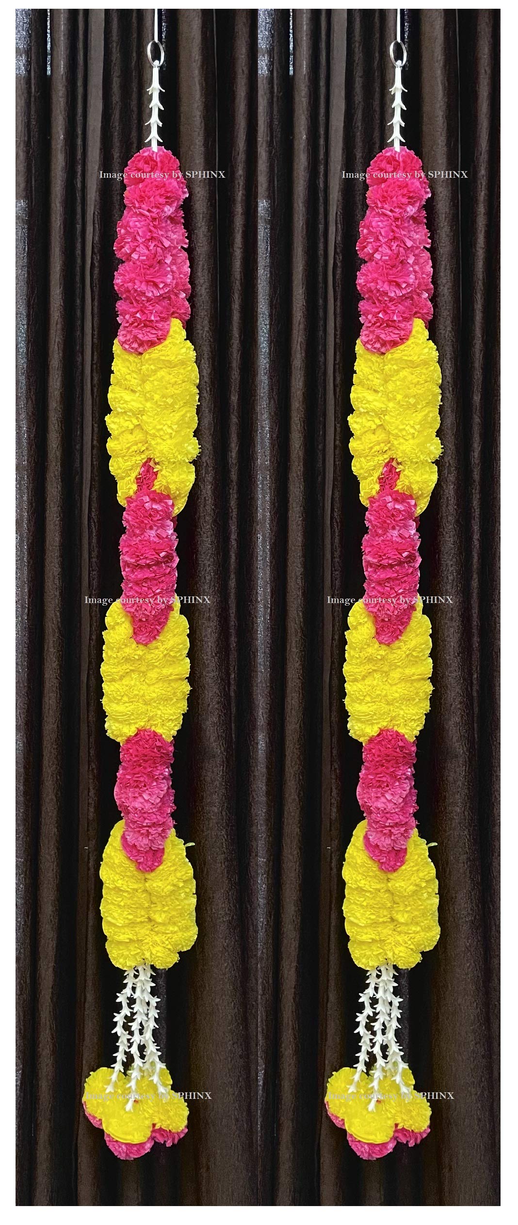Sphinx artificial marigold fluffy flowers rope/chain motif garlands - pack of 2 (Yellow and Dark Pink (Rani))