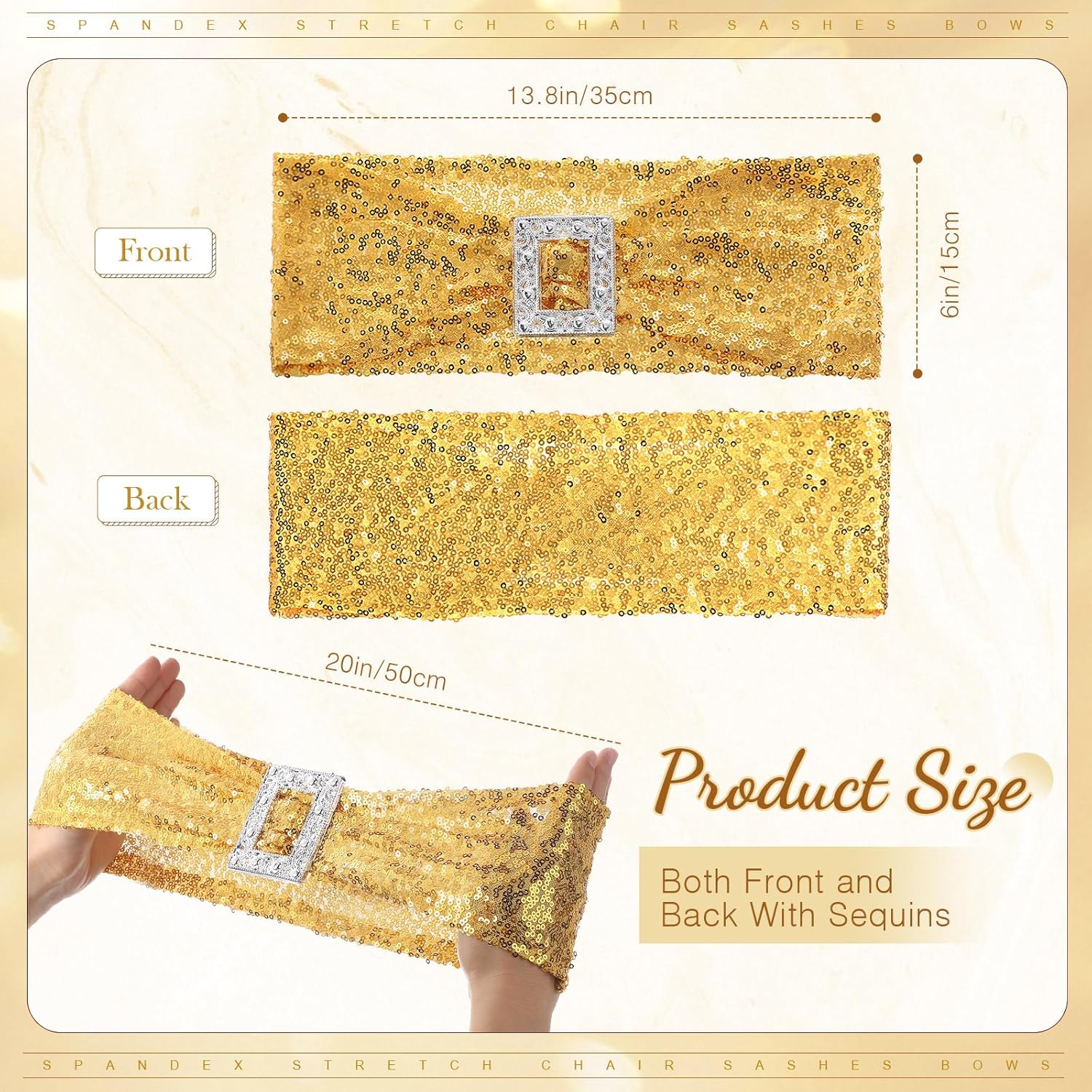 VitalCozy 50 Pieces Sequin Chair Sashes Stretchy Sequin Chair Ties Spandex Sequin Chair Cover Bows Band with Square Buckle Slider for Wedding Hotel Ceremony Banquet Party Decorations (Gold)