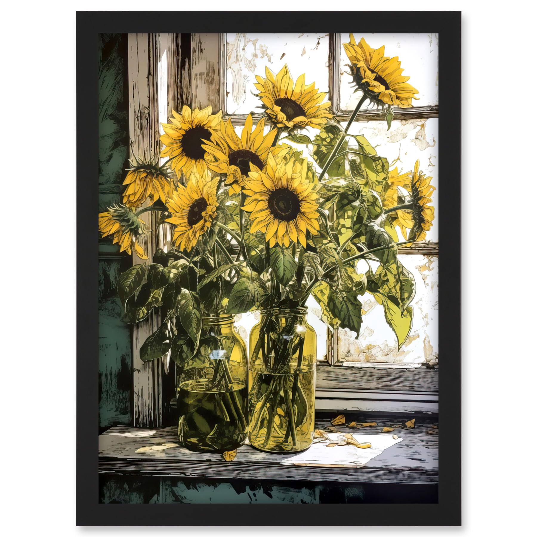 Artery8 Sunflowers Still Life Watercolour Painting Yellow Flowers Farmhouse Window Sill Artwork Framed A3 Wall Art Print