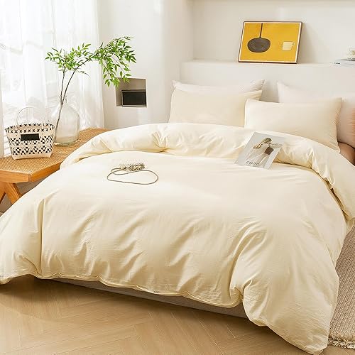 Miniatura 8 de ECOCOTT Juego de funda de edredón color crema tamaño Queen, 100% algodón lavado, 3 piezas, 1 funda de edredón con cremallera y 2 fundas de almohada