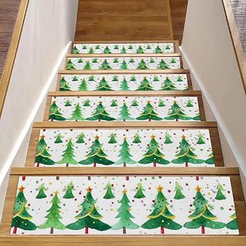 15 Piece Carpet Stair Treads Christmas Tree Safety Stair Treads for Wooden Steps Indoor Surface Polyester TPE Backing Stairway Runner Rugs Nonslip Step Mat for Kids Dogs 8" X 30"