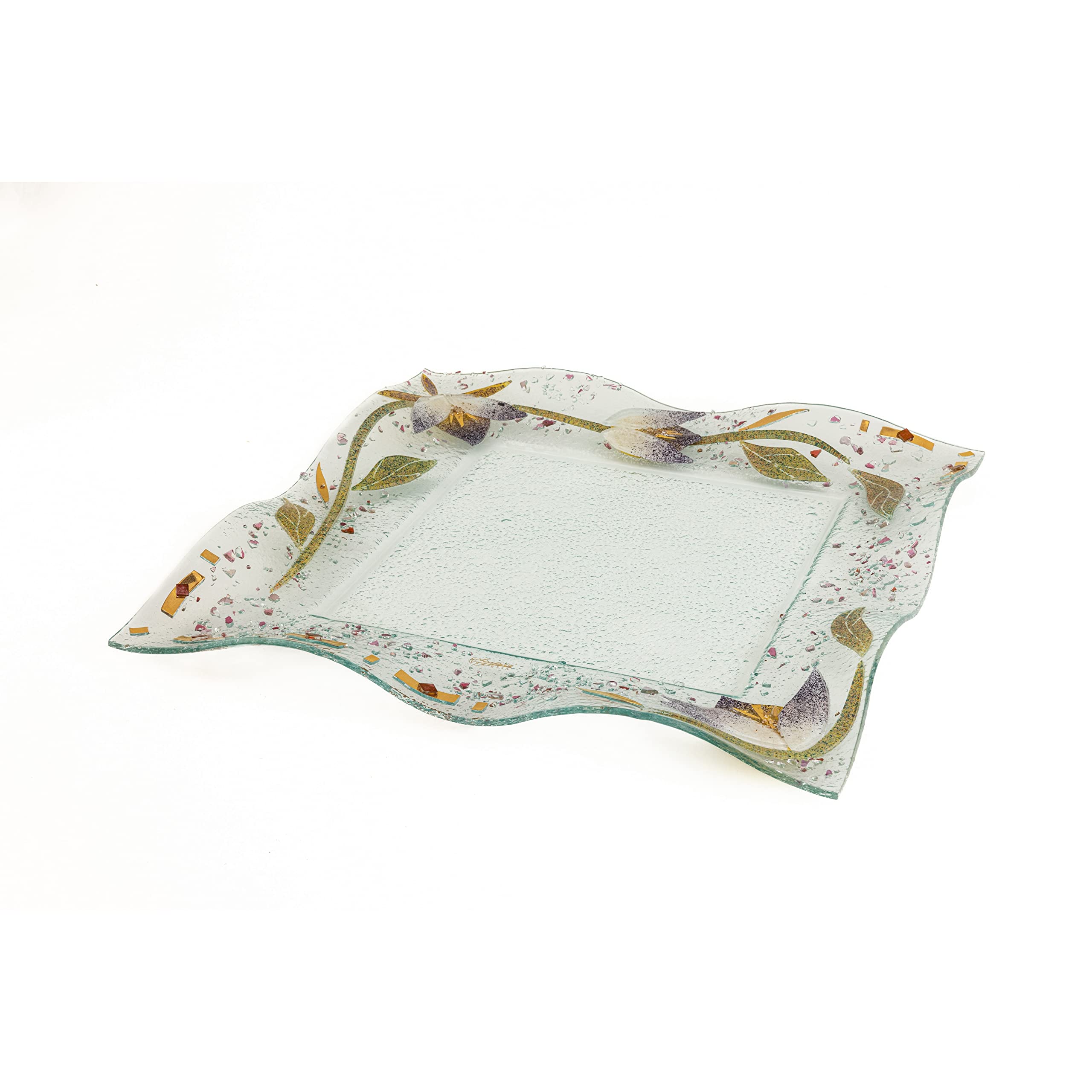 Sospiri Venezia Glastablett Teller Nippfigur Blumendekoration Handgefertigt Muranoglas mit Blattgold und farbigem Granulat in Relief verziert Venedig Geschenkidee Made in Italy (Azalee cm40x40)