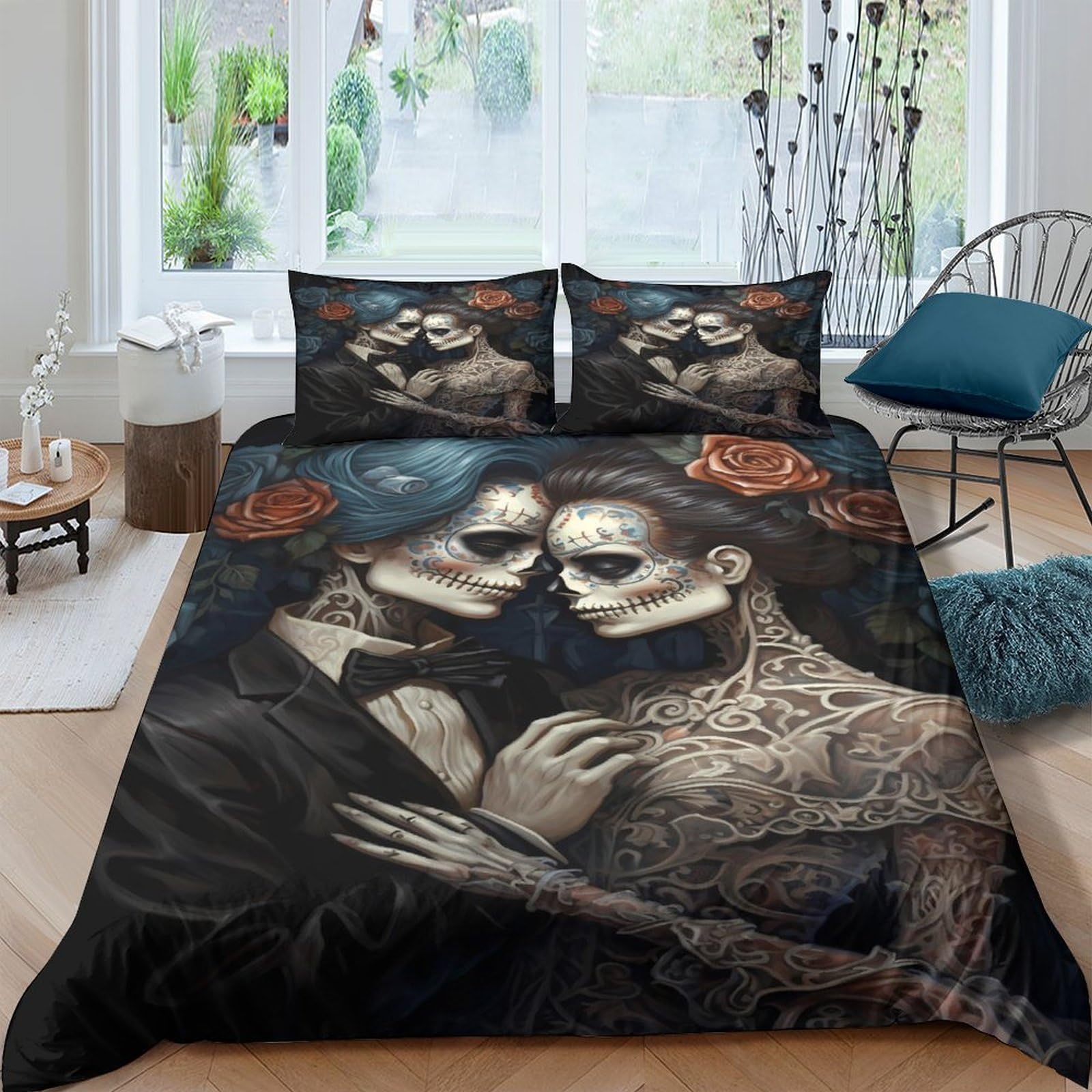 Ctjqhvkz Style-9 3D Printed Gothic Skeleton Lovers Fitted Sheet Microfiber Black Rose Mattress Cover Anti-Slip Machine Washable For Bedroom Guest Room Decor Single（135X200cm）