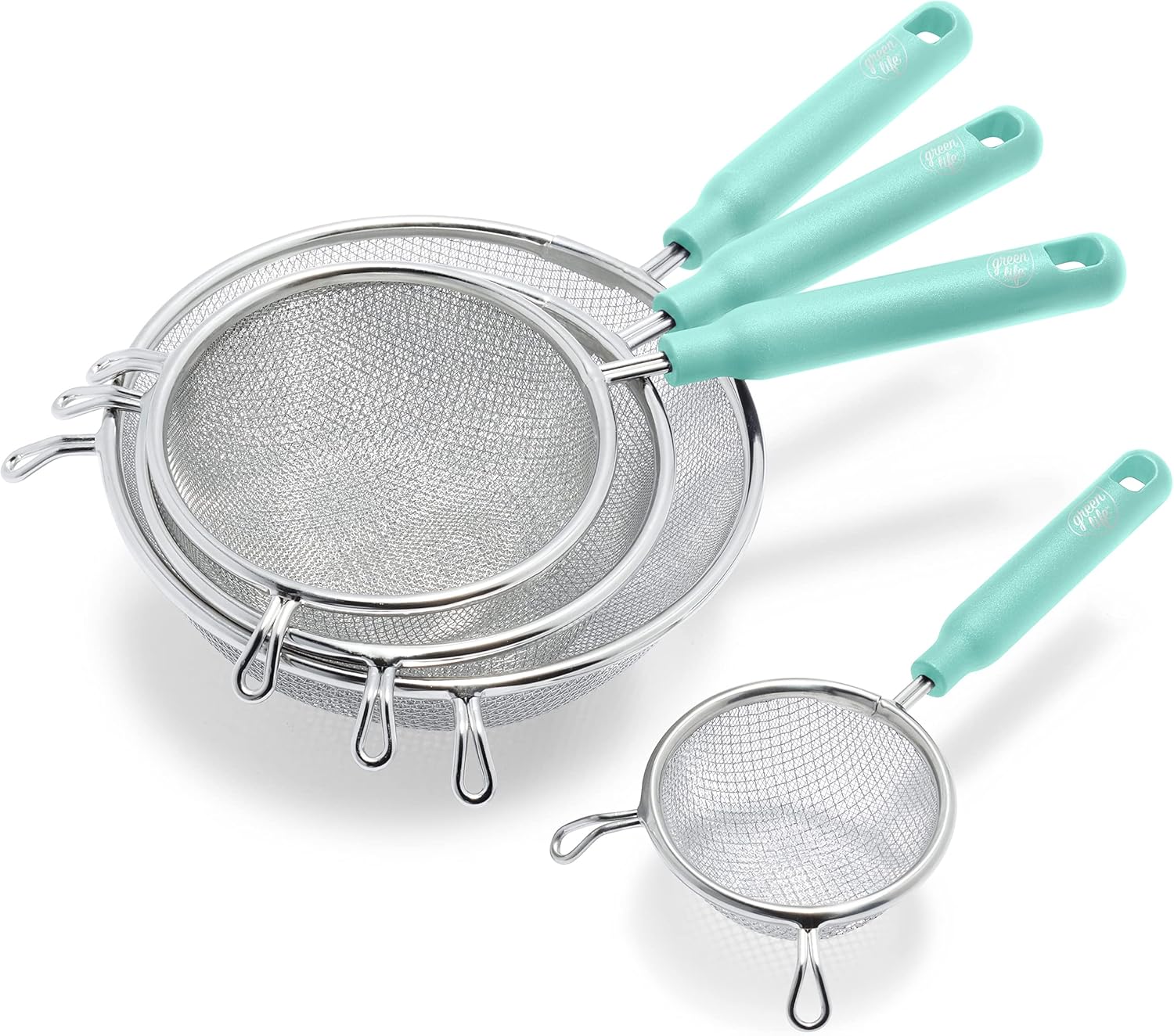 GreenLife Cooking Tools and Utensils, 4 Piece Extra Fine Stainless Steel Mesh Strainer Kitchen Set, Stay Cool Handles, Dishwasher Safe, BPA-Free, Turquoise