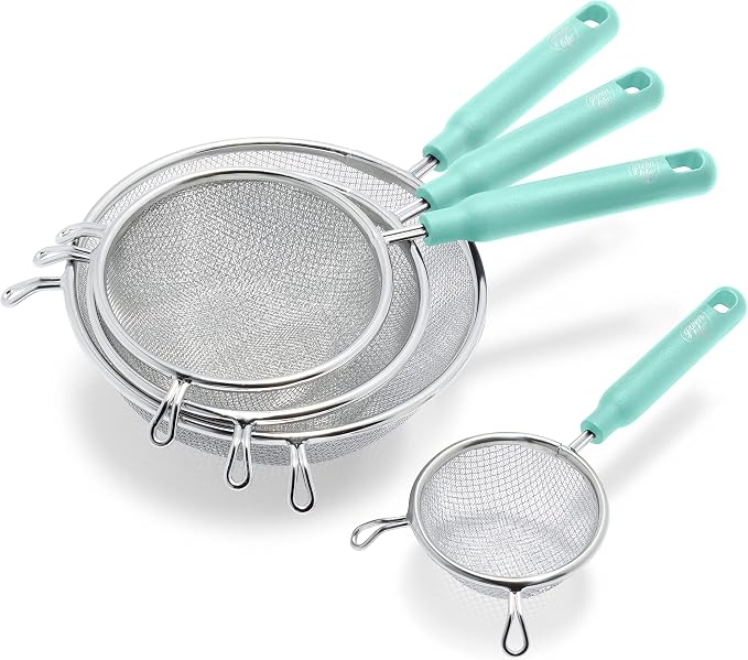 GreenLife Cooking Tools and Utensils, 4 Piece Extra Fine Stainless Steel Mesh Strainer Kitchen Set, Stay Cool Handles, Dishwasher Safe, BPA-Free, Turquoise