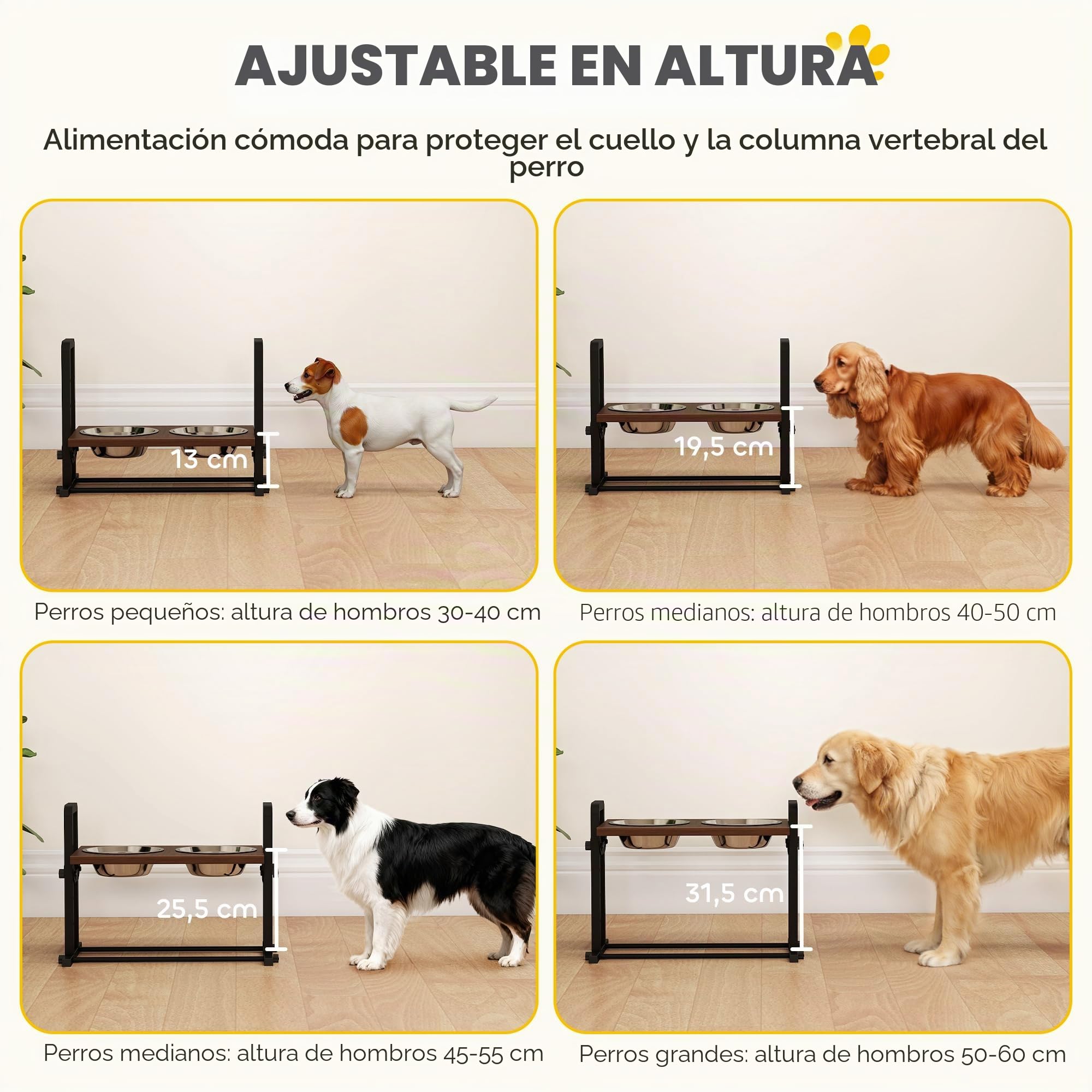 PawHut Comedero para perros elevado, 4 comederos de altura ajustable con soporte, 2 cuencos de acero inoxidable de 1,2 l, comedero con 3 ángulos ajustables, para perros pequeños, medianos y grandes