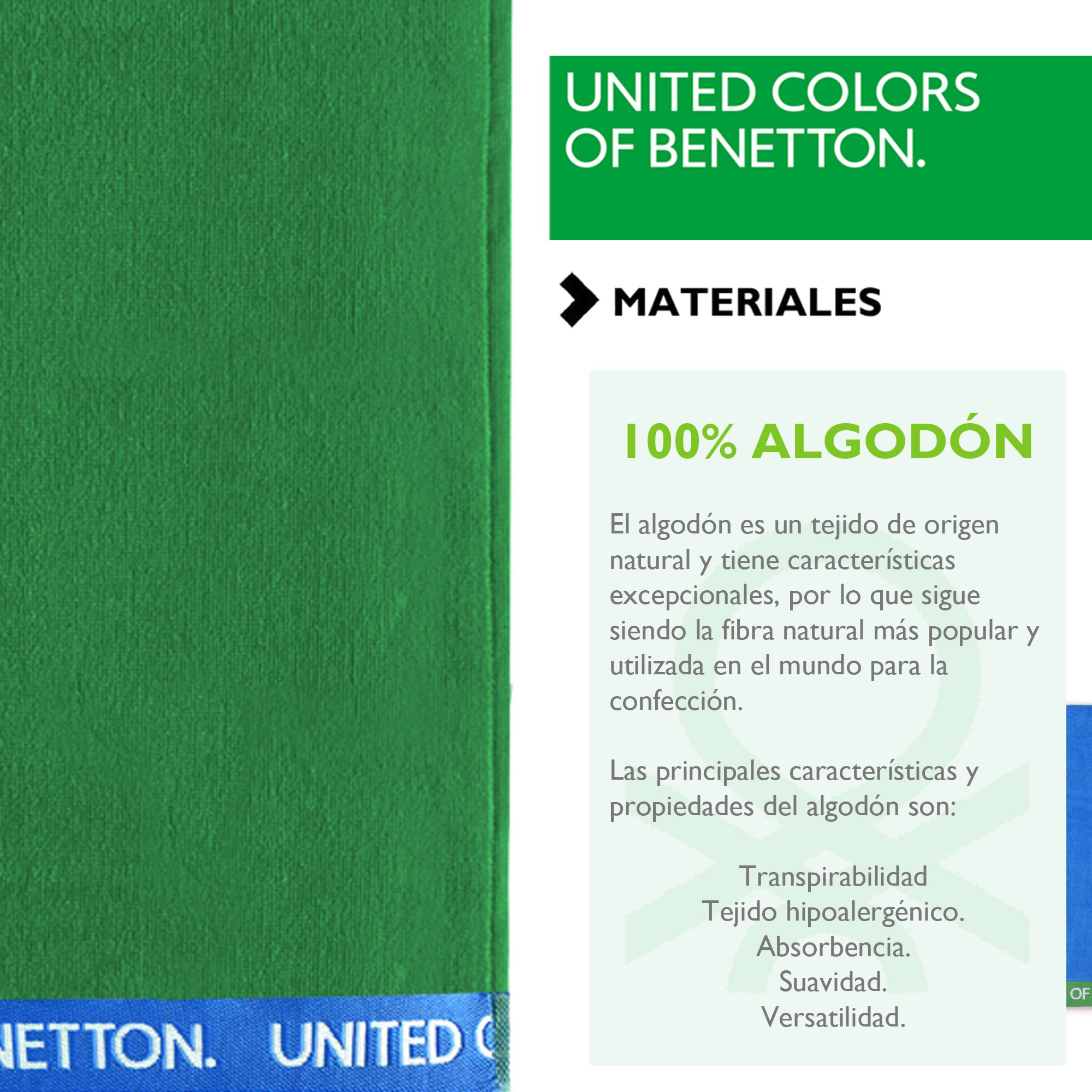 UNITED COLORS OF BENETTON, SET 2 TOALLAS DE PLAYA 90X160CM 380GSM VELOUR 100PercentALGODON VERDE CASA BENETTON, 90x160 c/u