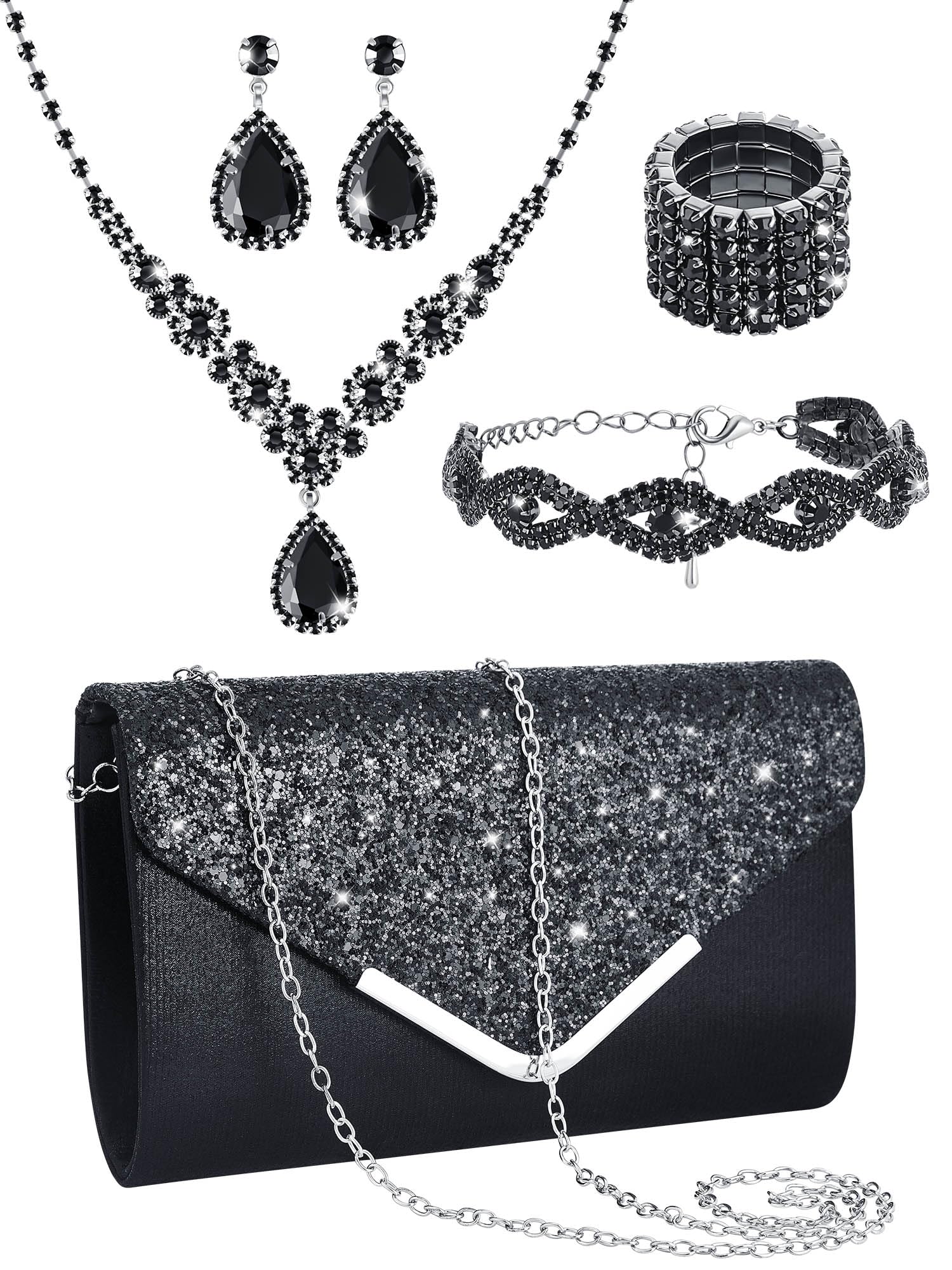 Henoyso 5 Pcs Rhinestone Jewelry Sets Prom Purse Rhinestone Clutch Purse Bride