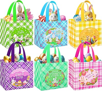 DECHISY 6Pack Easter Bags, Reusable Non-Woven Easter Baskets Gift Bags with Handles, Bunny Chick Egg Design, Happy Easter Egg Hunt Bags Bulk for Gifts Wrapping, Easter Party Supplies,8.37.95.9inch