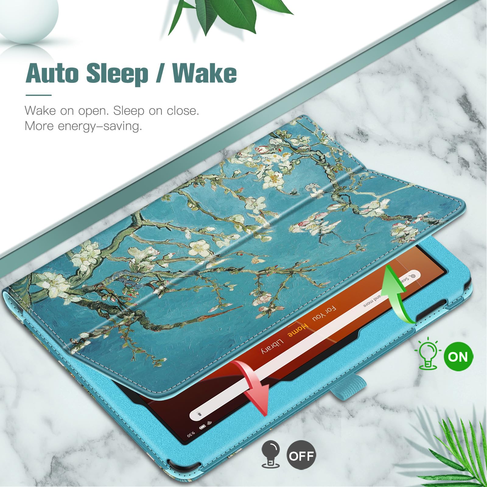 Fintie Hülle kompatibel mit den neuen Amazon Fire HD 10 / Fire HD 10 Plus (nur für Tablets der 11. Generation, 2021) - Folio Kunstleder Schutzhülle mit Auto Wake/Sleep Ständerfunktion, Mandelblüten