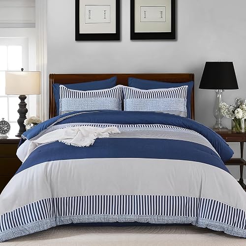 Navy Blue Comforter Set Queen Size,Boho Striped Comforters for Boys&Girls,7