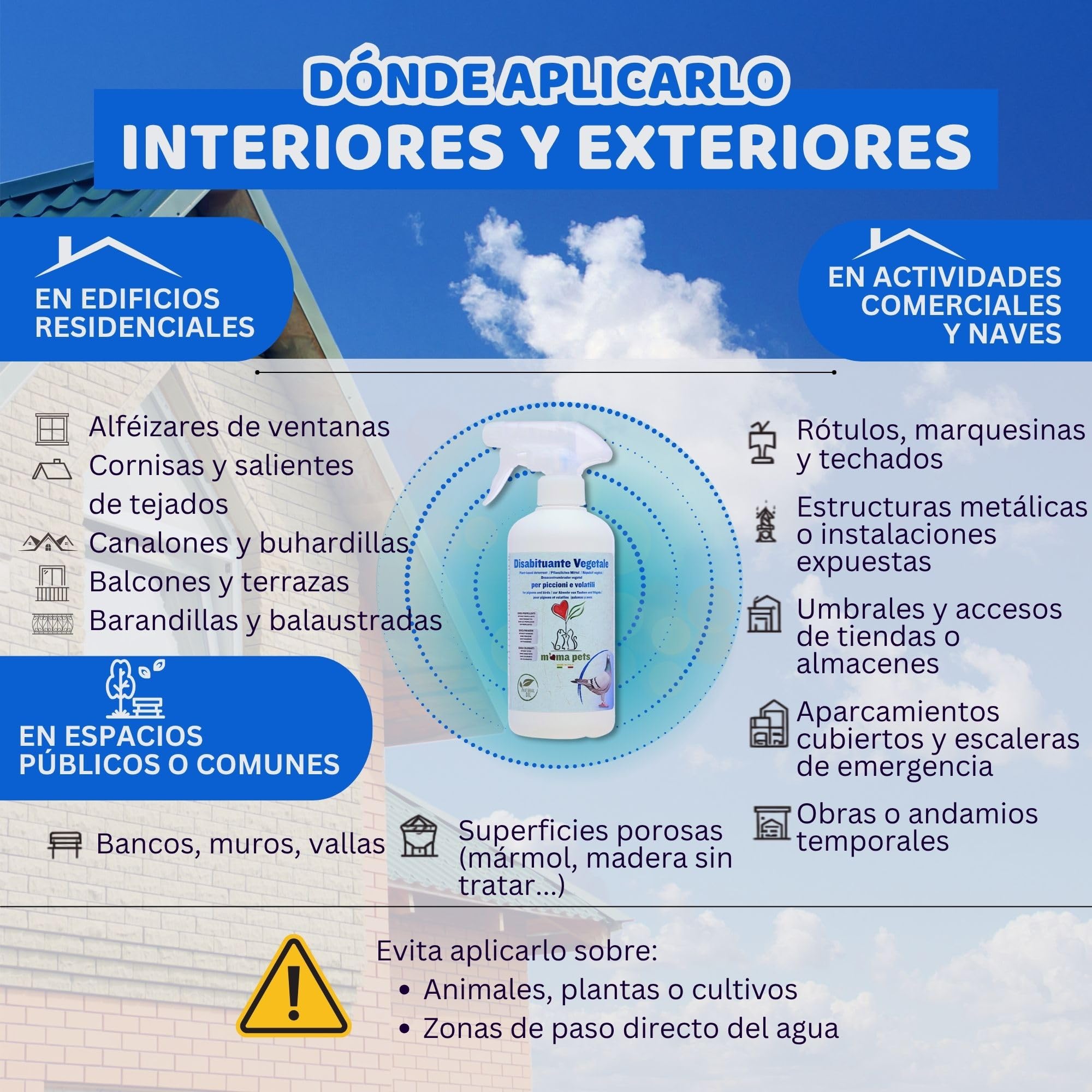 Mama Pets Spray Repelente Natural para Palomas, Pájaros, Gaviotas y Avès, Disuasor para Exteriores: Ventanas, Alféizares, Terrazas, Balcones y Barcos, 500 ml