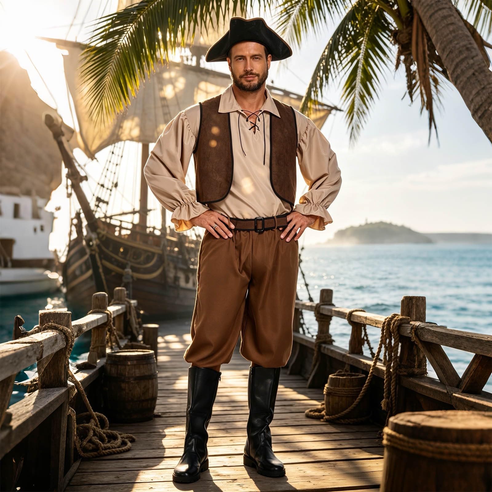 Costume da pirata da capitano medievale, da uomo, per Halloween