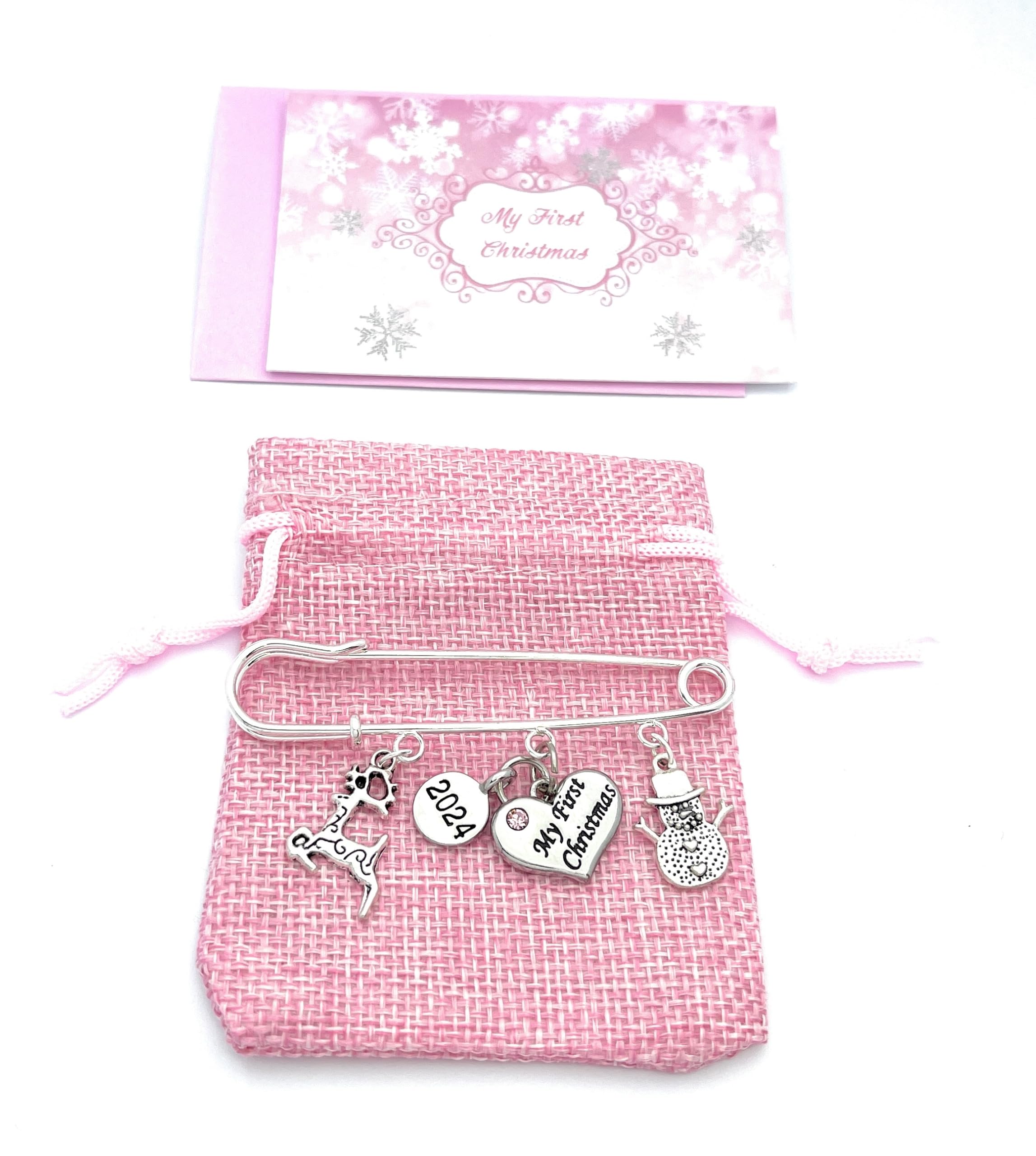 Baby Girl My First Christmas 2025 Baby Keepsake Charms with Pink Gift Bag and Gift Card - Reindeer and Snowman
