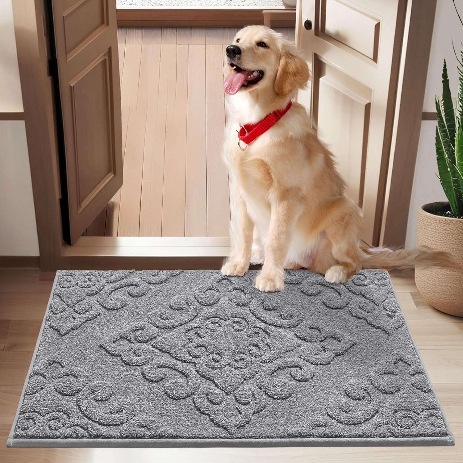 COSY HOMEER Door Mat 24x36 Absorbent Dirt Trapper Entryway Rugs Non-Slip Welcome Mat Washable Entry Rugs Low Pile Doormat for Front Back Door, Muddy Wet Shoes & Paws,Grey