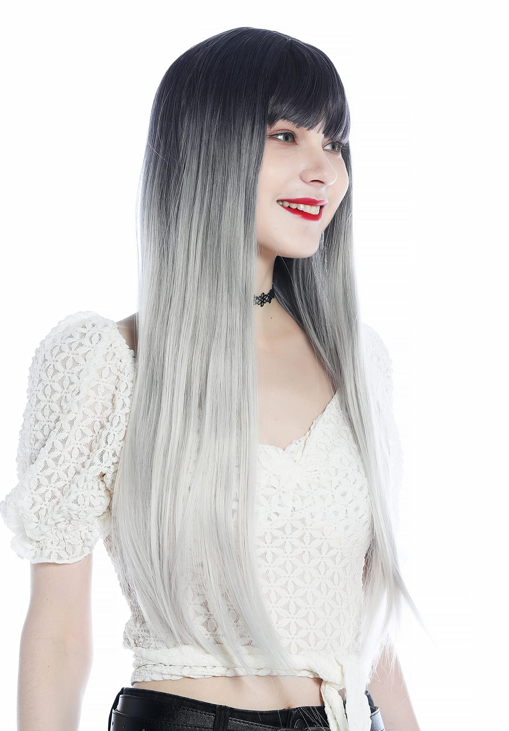 WIG ME UP, SZL0807B-T-001 Women's Wig long sleek straight bangs ombre black-ish purple to silvery blond - Image 2