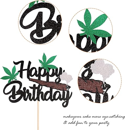 Miniatura 3 de 1 paquete de decoración de pastel de feliz cumpleaños con purpurina 420 cumpleaños temático para pasteles, maceta, hojas de maleza, decoración para