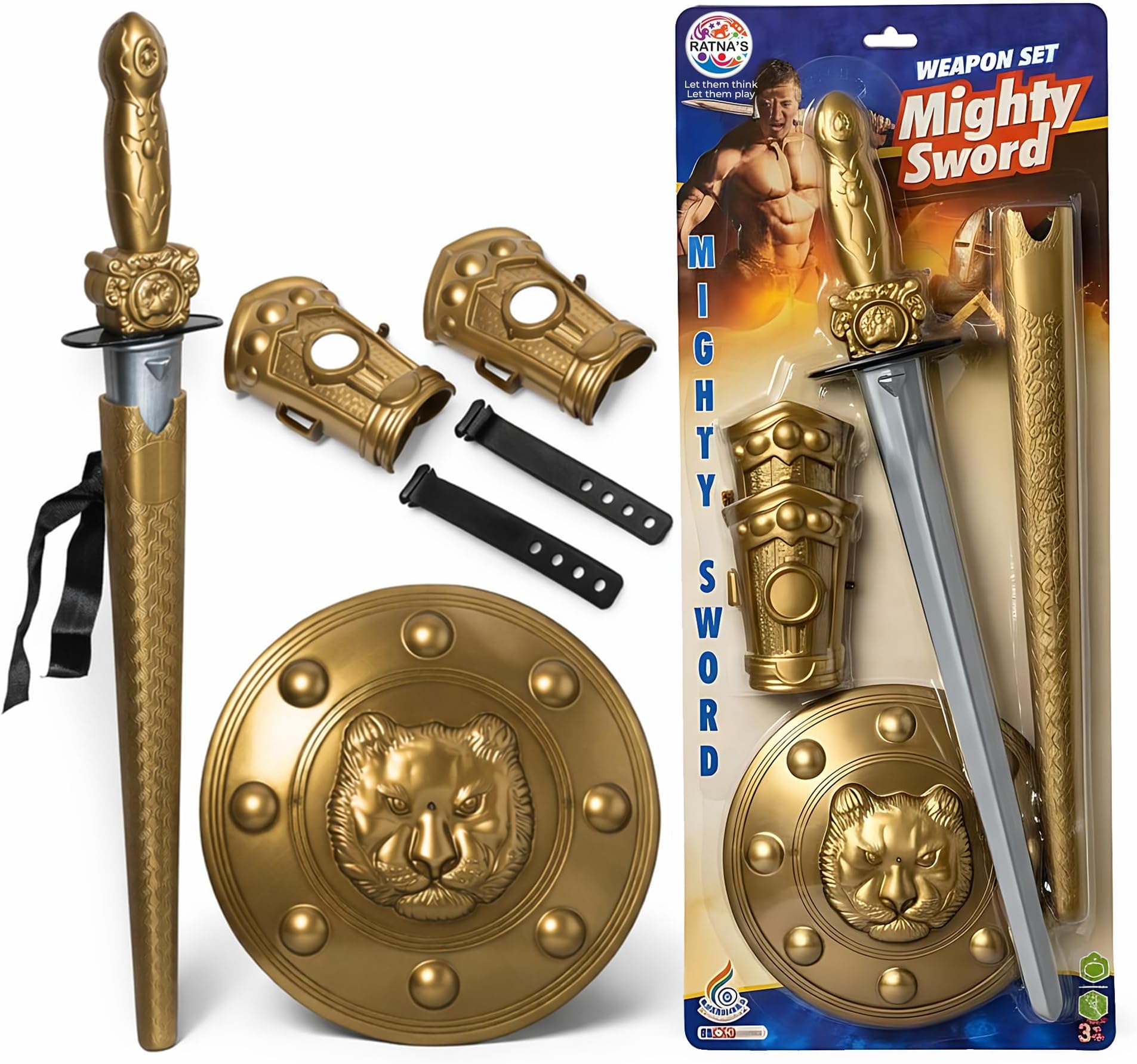 Ratna's Mighty Sword (Size 55 cm) Set with Arm Guards, Shield, Waist Belt, Sword Cover, Plastic Pretend Play Toy for Kids