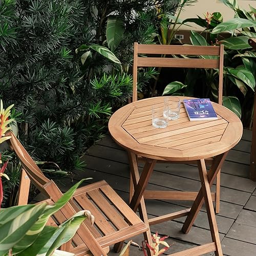 Miniatura 5 de Mesa Redonda de Madera de Acacia, Plegable Impermeable Grande, Mesas de Café de Madera Rústica Plegables para Patio Césped Terraza Balcón Baño