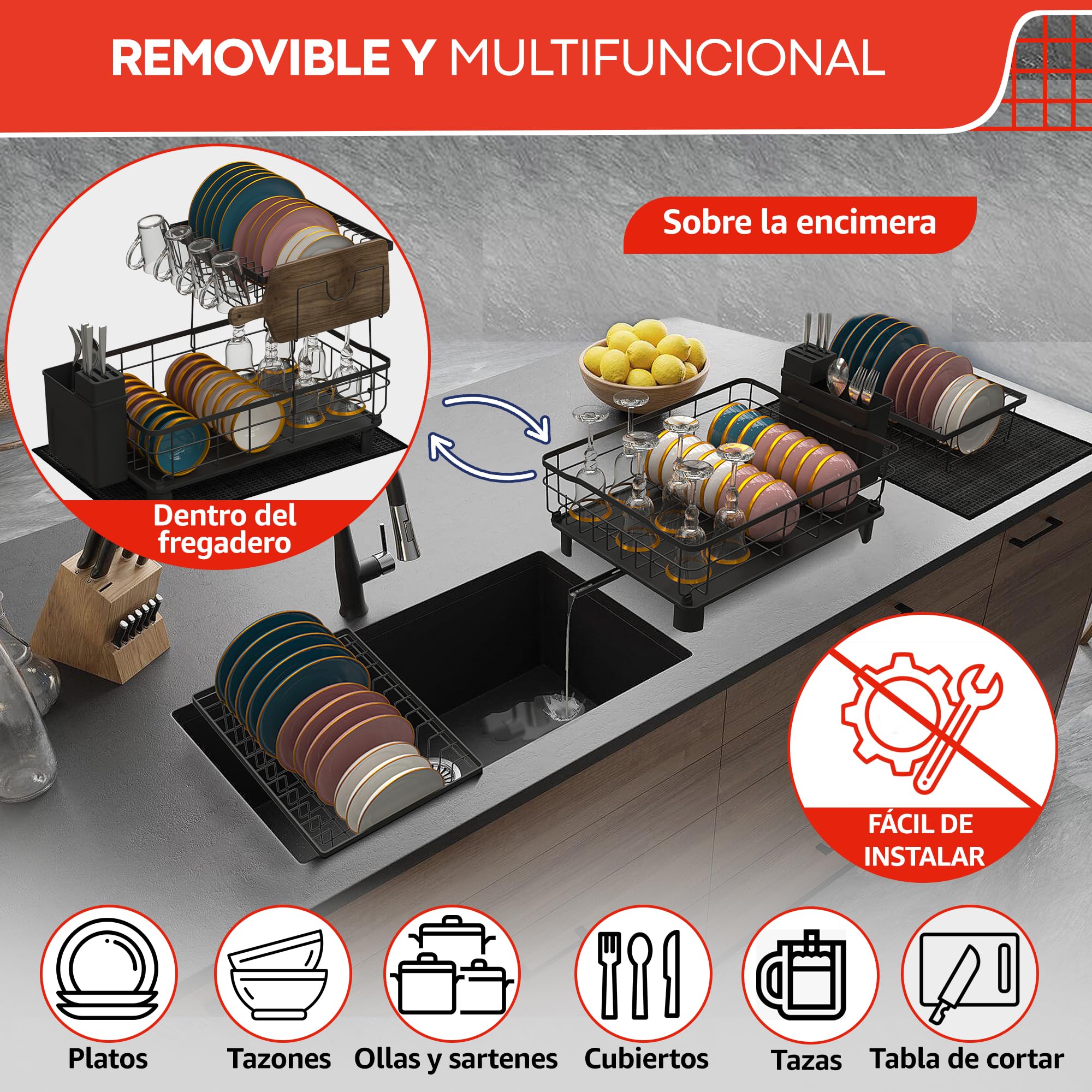 Escurreplatos sobre Fregadero - escurridor de Platos con Alfombrilla escurreplatos y Sistema de Drenaje automático a Fregadero - Fácil Limpieza y Montaje Sin Herramientas (2 Niveles)