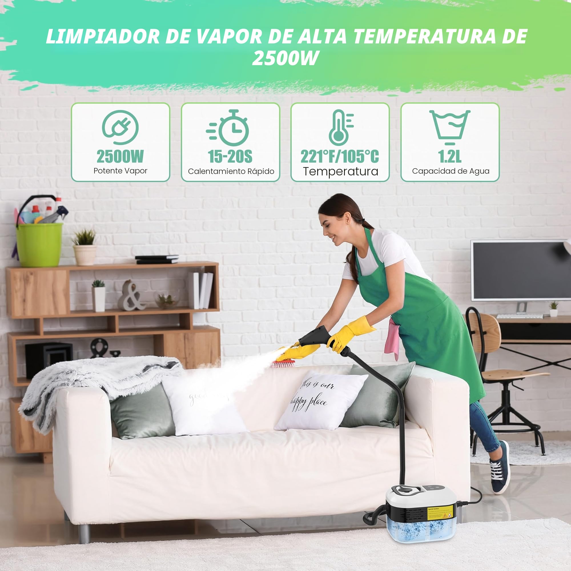 4.5 Bar Limpiador de Vapor Portátil, 2500W Limpiador de Vapor de Mano, Vaporeta Limpieza Hogar, 6 Velocidades Ajustables, Depósito de 1200ML, Para Limpiar Cocinas, Baños, Coches, Ventanas
