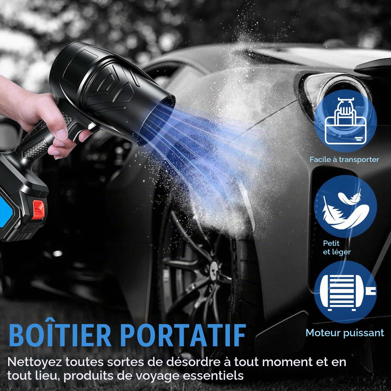 Souffleur Batterie sans Fil 21V 40000 TR/Min Moteur en Cuivre, Batterie 3000mAh x2, Autonomie 30 Minutes, Puissant pour Jardin Feuilles Nettoyage Auto Camping