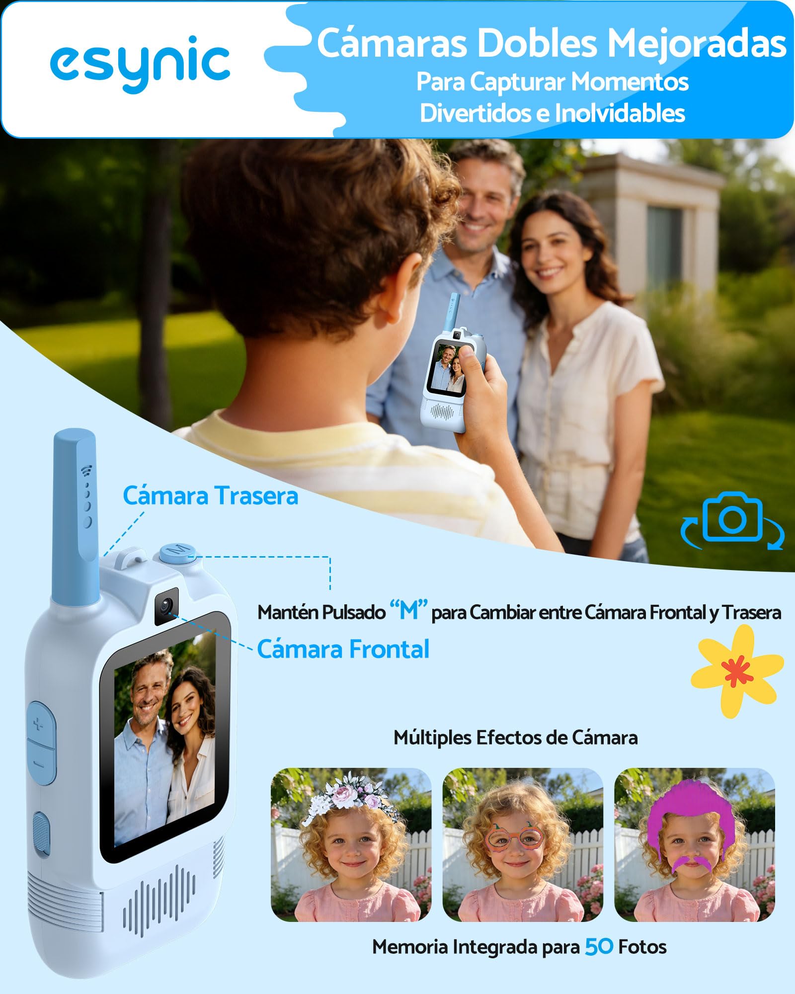eSynic Walkie Talkies Niños con Cámara Doble Juguete Videollamada Intercomunicador Infantil Recargable Largo Alcance 500 Metros para Exploración Radios Bidireccionales Regalo Cumpleaños Azul Rosa