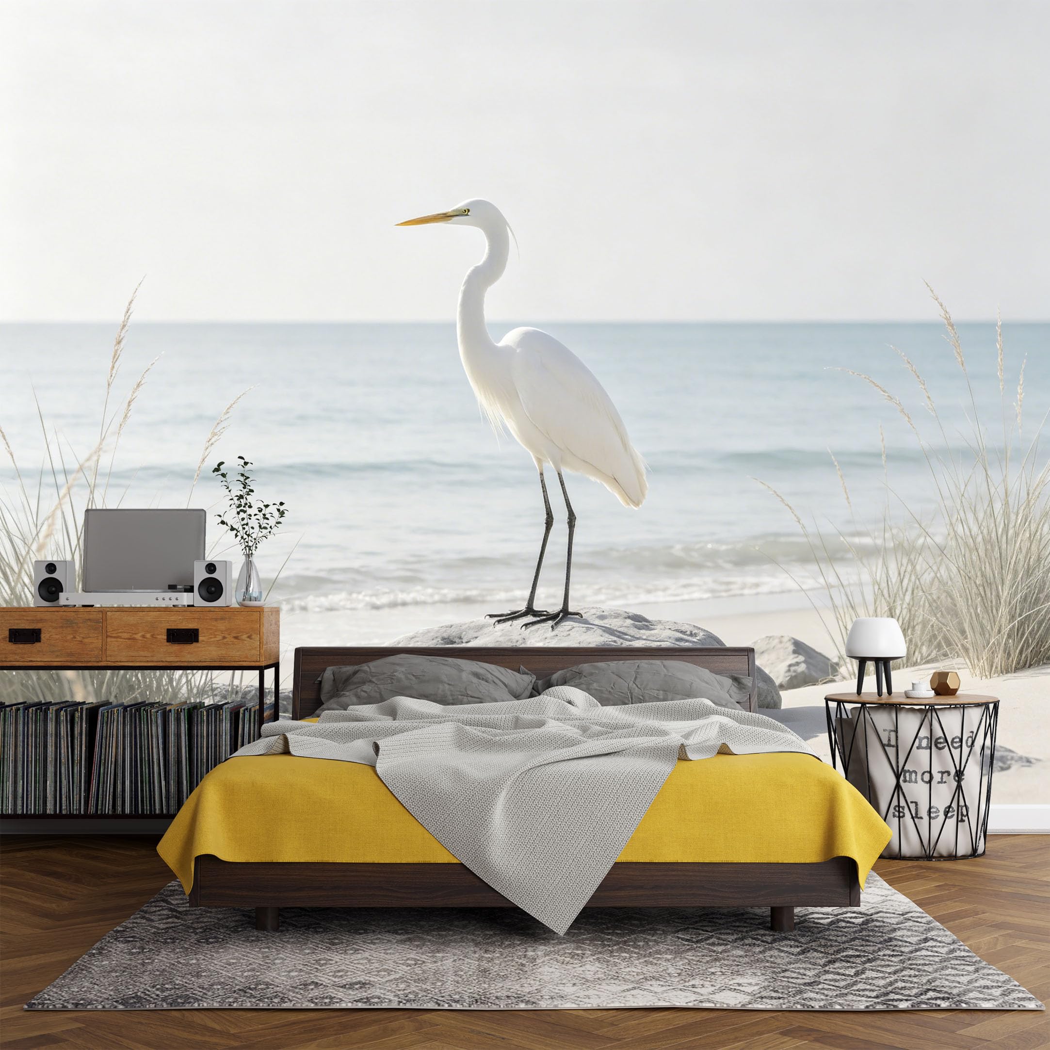 Custom Size Wall Mural， Coastal White Heron Beach Sand Dunes Ocean Breeze，SelfAdhesive Art Prints wall Fabric (No PVC) Removable Wallpaper Living Room Decor