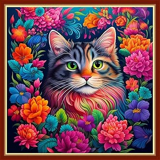 Findvoor Stamped Cross Stitch Kits for Beginners Full Range of Cross Stitching Embroidery Pattern for Adults, 11CT DIY Needlepoint Embroidery Starter Kits-Flower Cat 17.7x17.7 inch