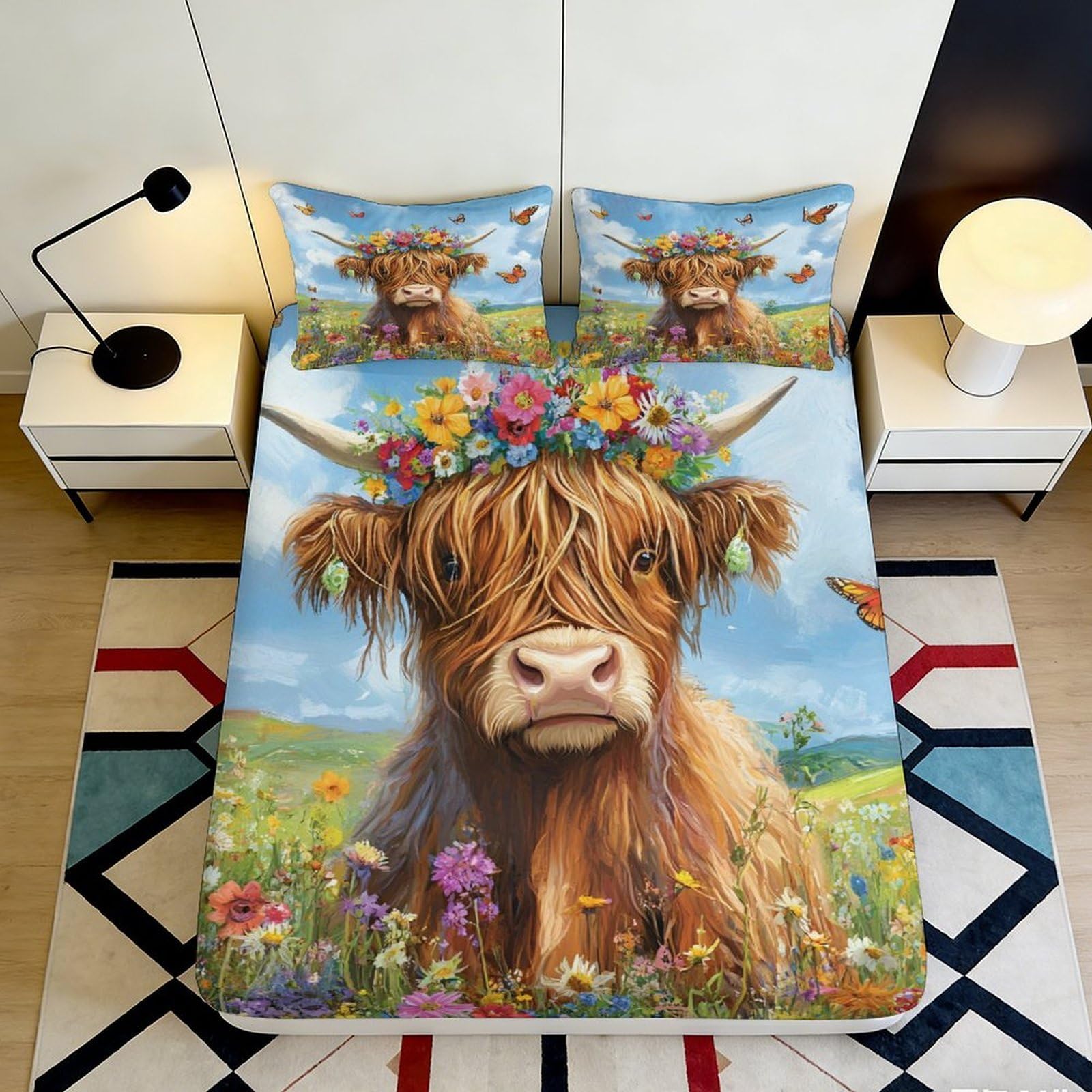 3D Printed Highland Cow Floral Fitted Sheet Microfiber Soft Breathable Pasture Meadow Mattress Cover for Bedroom Dorm Decor 200x200x25cm