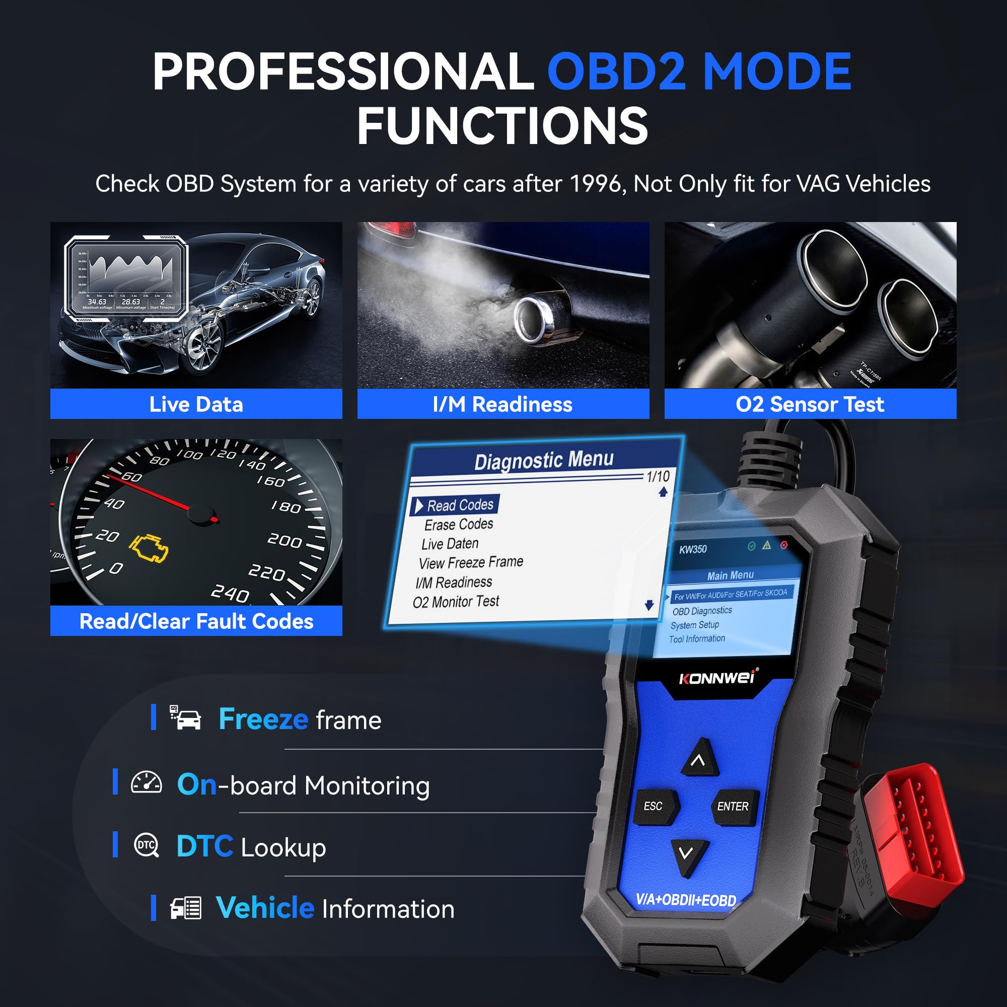 KONNWEI KW350 OBD2 urządzenie diagnostyczne do samochodu, czytnik kodów błędów do VW/Audi/Skoda/Seat, lampka kontrolna silnika OBD2, skaner z resetem oleju BMS/DKA/EPB, w języku niemieckim