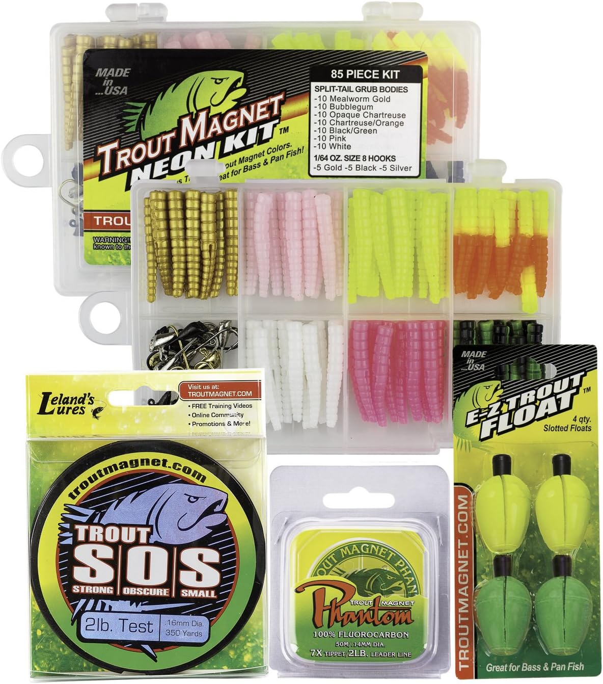 Ultimate Bundle - 85 Piece Neon Grub Kit, 350 yd Trout S.O.S. Spool, 100% Fluorocarbon Phantom Leader Line, and 4 E-Z Trout Floats