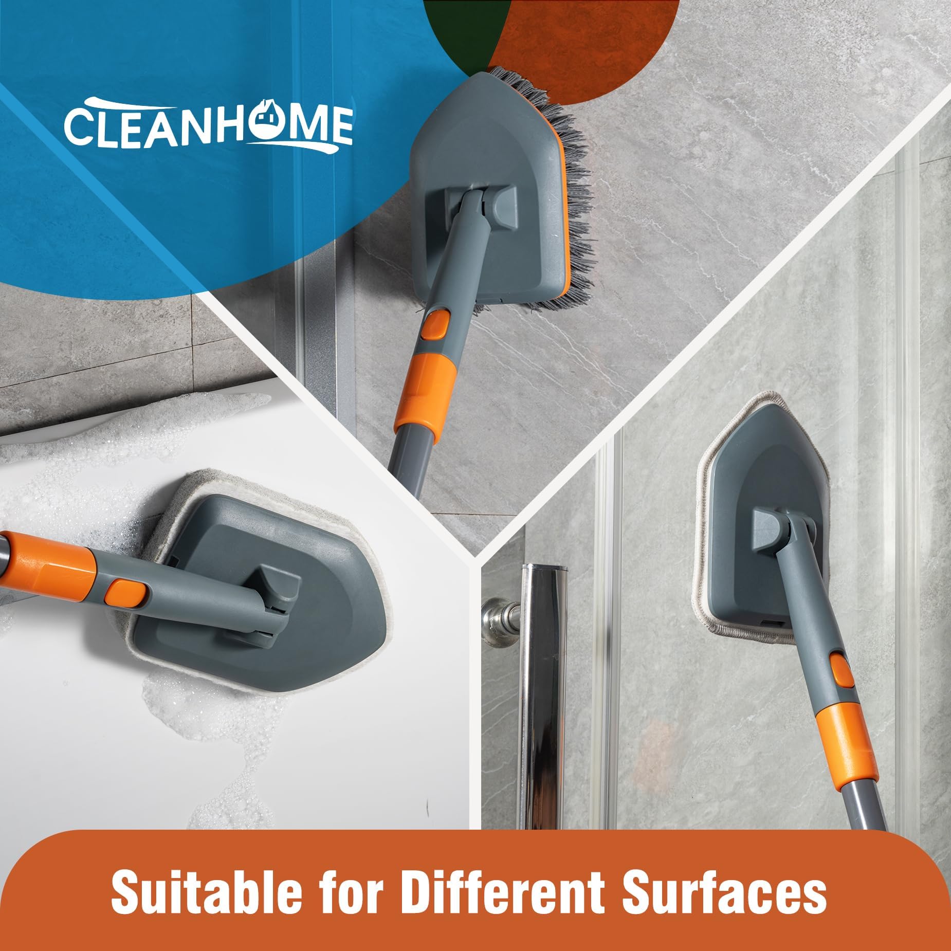 CLEANHOME Brosse à récurer pour sol, carrelage, baignoire avec 4 têtes de nettoyage différentes, brosse de douche avec long manche extensible de 142,2 cm, brosse à récurer pour nettoyer la cuisine, la