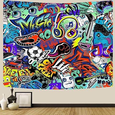 Modern Street Graffiti Tapestry, Creative Urban Street Music Hip Hop Art for Teen Boys & Girls, Aesthetic Wall Hanging for Bedroom or College Dorm - 80