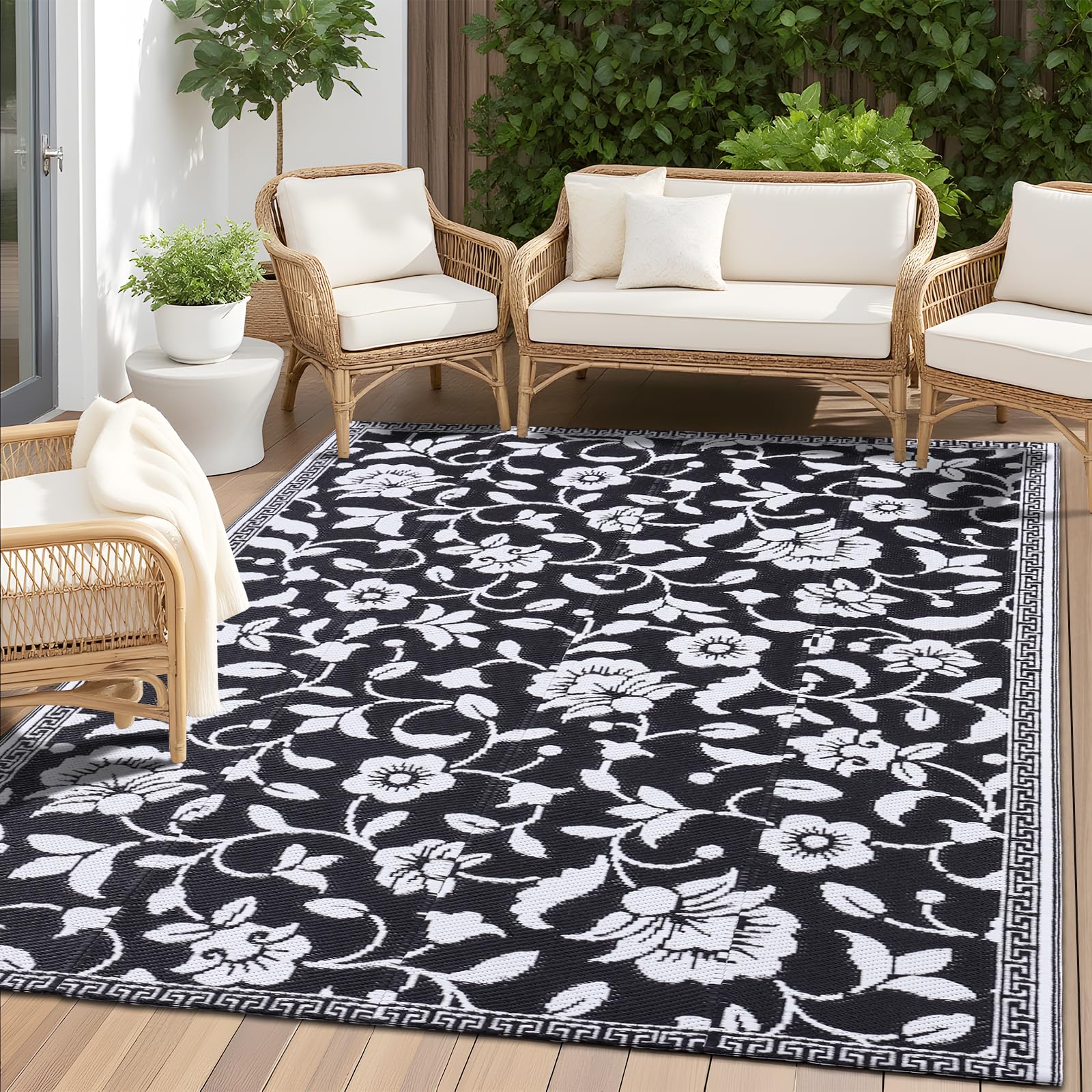 similar item OLANLY Waterproof Outdoor Rug 5x8 ft, Outdoor Plastic Straw Rug with Flower Pattern, Reversible RV Mat for Patio, Camping, Balcony, Deck, Backyard, Black & White