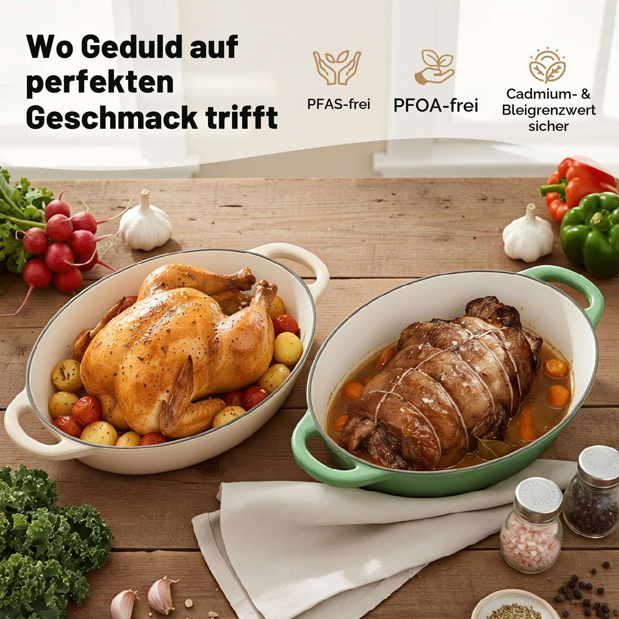 Ovaler Dutch Oven zum Brotbacken, 4,5 Quart Antihaft-Emaillierter Gusseisen-Dutch Oven Topf mit Deckel, ofenfest, ovale Kasserolle mit Deckel bis 260 °C zum Backen, Schmoren, Eintöpfe, Braten (Beige)