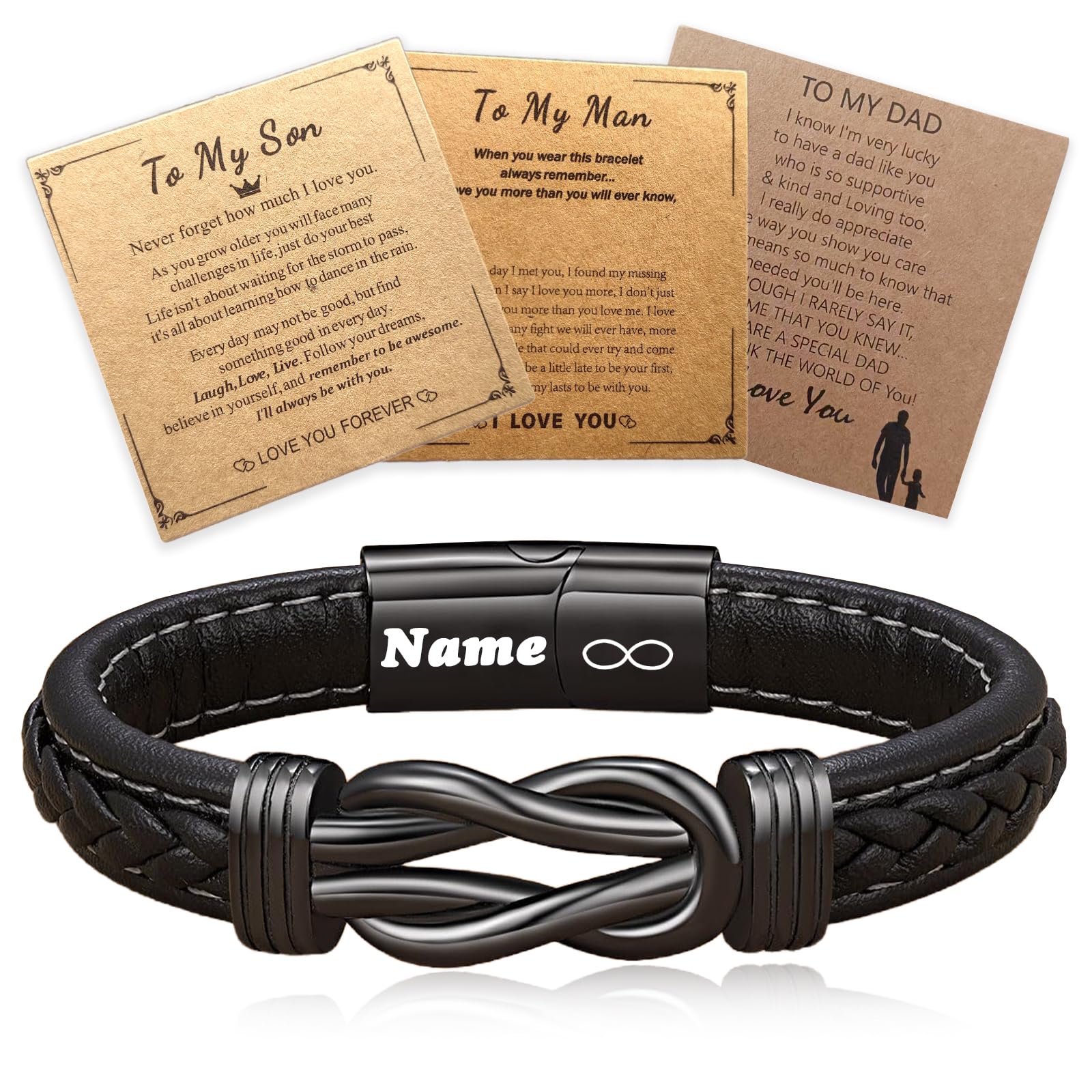 HJX Personalized Infinity Knot Leather Bracelet for Man Custom Engraved Name Leather Bracelet,To My Son/Man/Dad Bracelet Gift