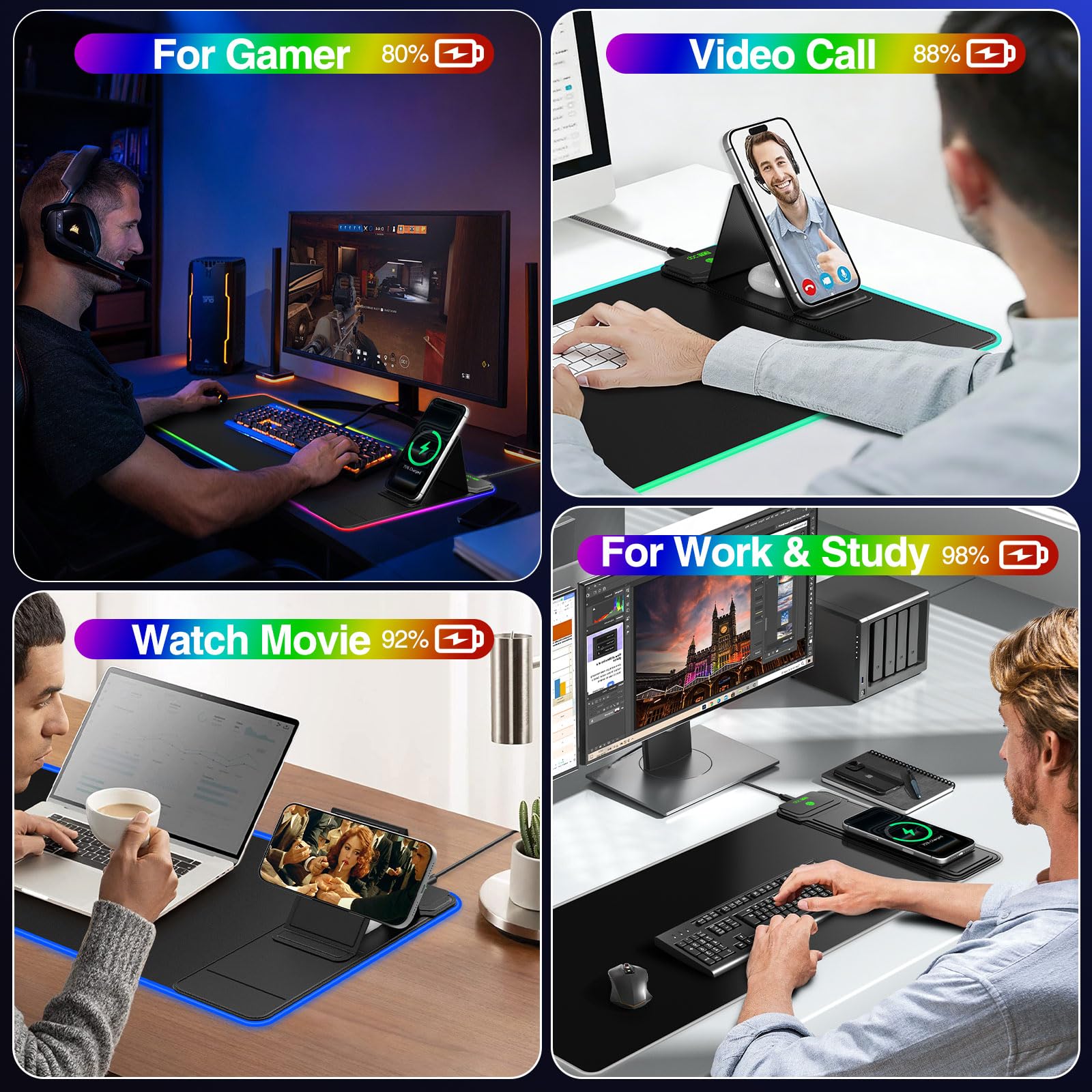 Tappetino per mouse da gioco XXL RGB LED con ricarica wireless magnetica e supporto pieghevole per telefono, 80 x 30 cm, tappetino da scrivania ultra liscio, 25 effetti di luce, base antiscivolo