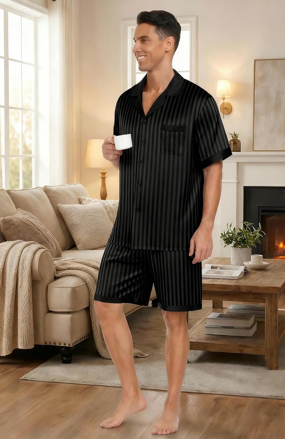 Ekouaer Men Satin Silk Pajamas Set with Pockets Sleepwear Shorts Satin Summer Loungewear 2 Piece Button Down Set S-3XL - Image 2