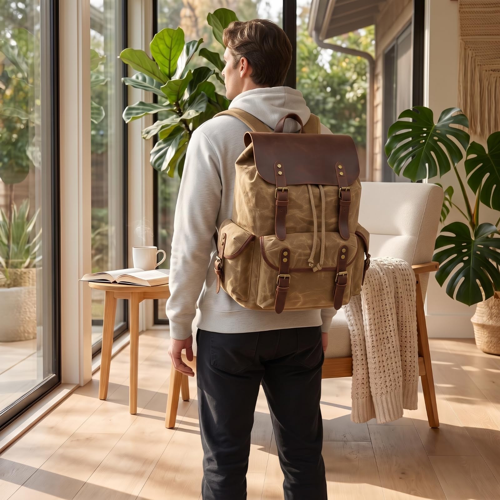 TISHITA Zaino da Viaggio in Tela Cerata Zaino Borsa Sacca Rucksack con Comparto Sotto E Coulisse Tasche Accessibili Cuciture Robuste E Ferramenta Solida, Array, Nero