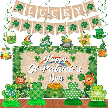 St Patricks Day Decorations Set, Happy St Patricks Day Shamrock Backdrop, Burlap Lucky Banner Shamrock Garland, Saint Patricks Day Hanging Swirl, Honeycomb Centerpieces