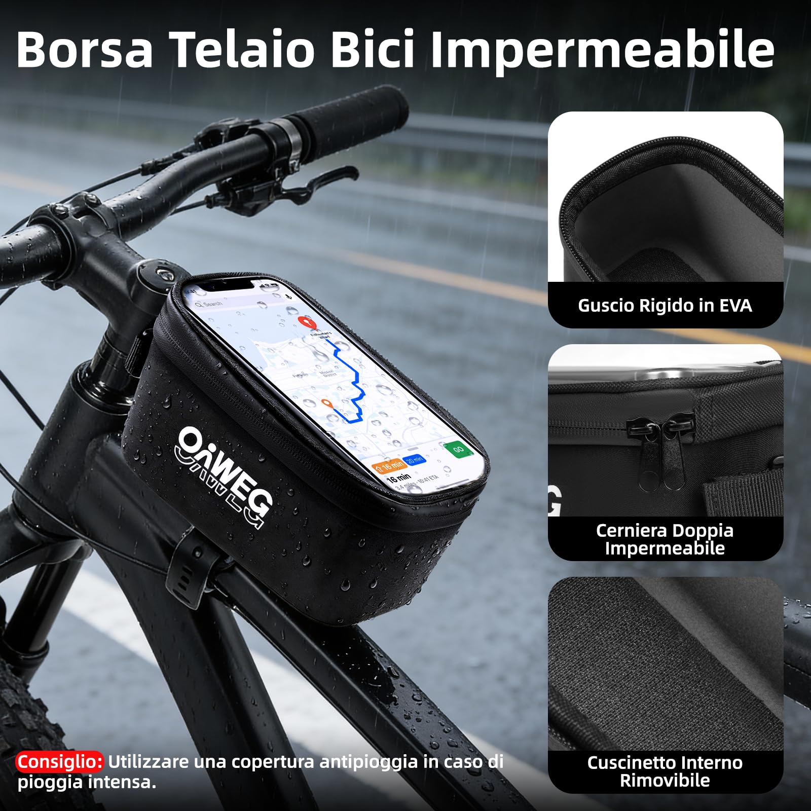 Borsa Telaio Bici Impermeabile 1,9L con Supporto Manubrio, TPU Touch Screen per Smartphone Fino a 6.7" – Impermeabile e Antivibrazione per MTB e Commuting, Installazione Rapida