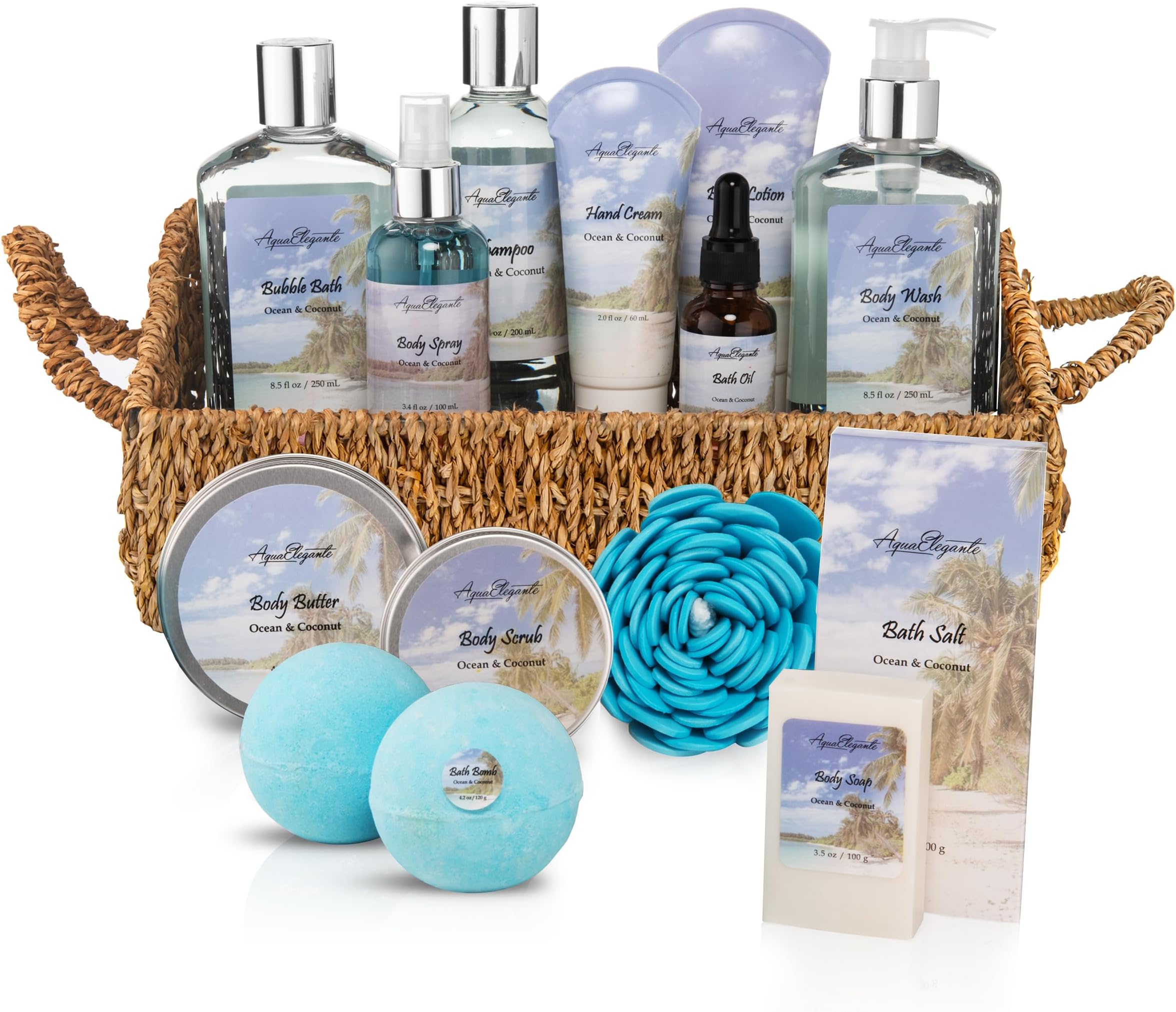 Bath Spa Gift Sets - Luxury Basket With Ocean & Coconut - Spa Kit Includes Wash, Bubble Bath, Lotion, Bath Salts, Body Scrub, Shower Puff, Bathbombs, Soap and Towel