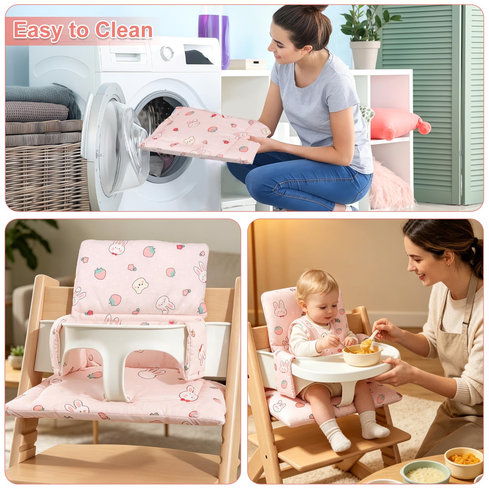 Cuscino per Seggiolone Stokke Tripp Trapp, Imbottitura Spessa in Cotone Naturale, Tessuto Impermeabile e Traspirante, Grazioso Motivo Lapino e Fragole, Confezionato Sottovuoto