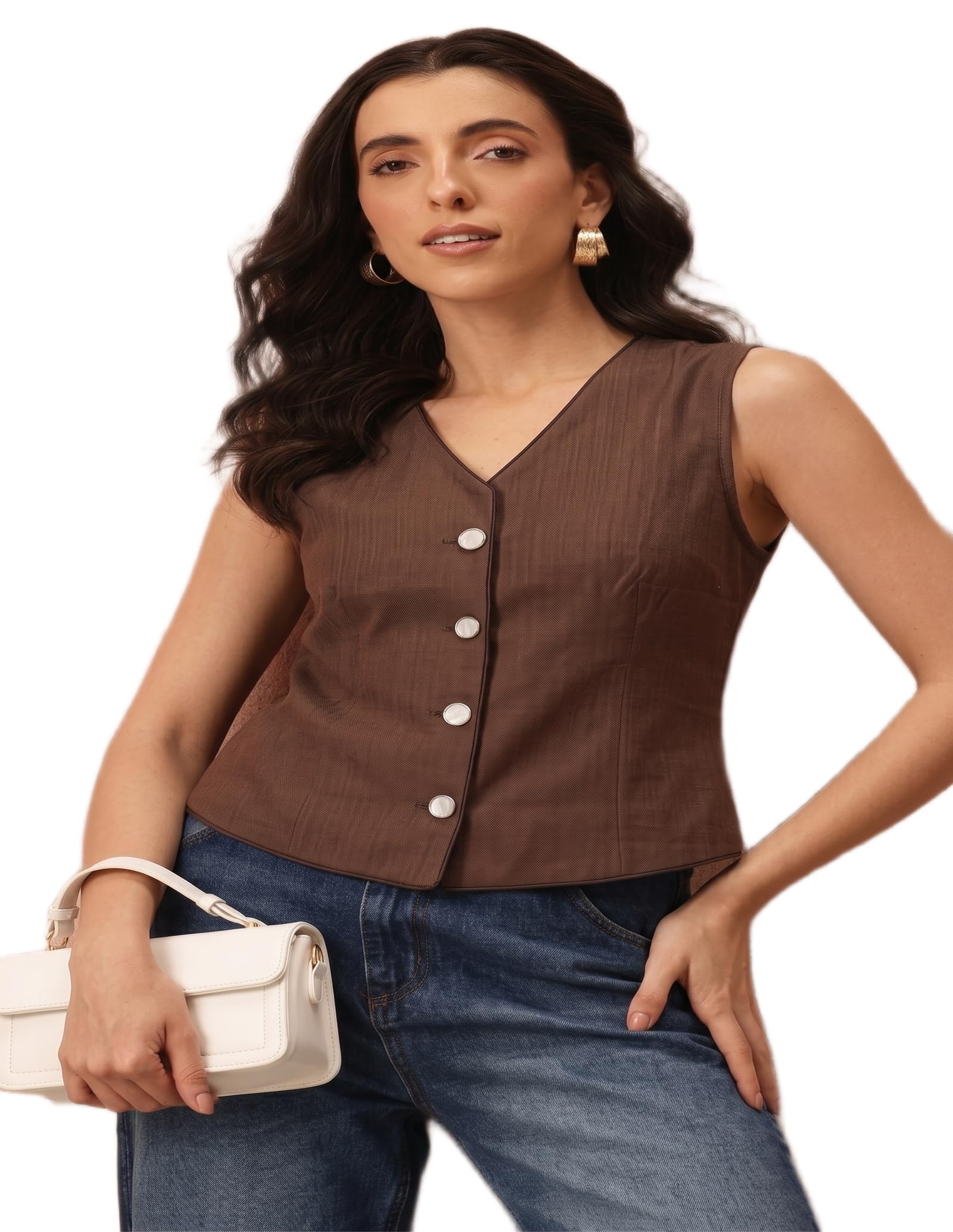 perfect productions Women's Brown Formal Waistcoat Single Breasted Regular Fit Office Wear Vest-picture-13