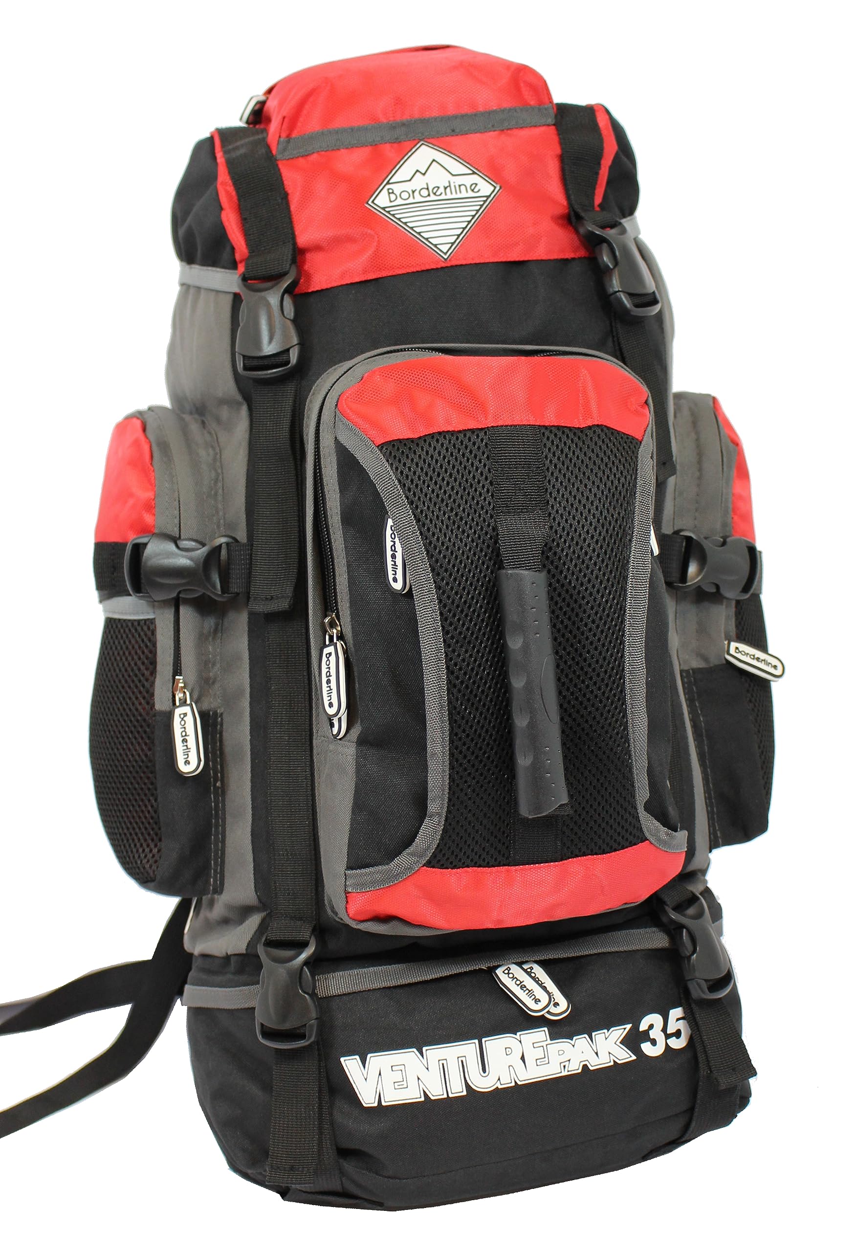 Borderline VenturePak 35L Ultra-Light Trekking Backpack, Water Resistant Hiking, Backpack - Camping, Adventure Rucksack, Multiple Zipped Pockets - Grey/Black/Red