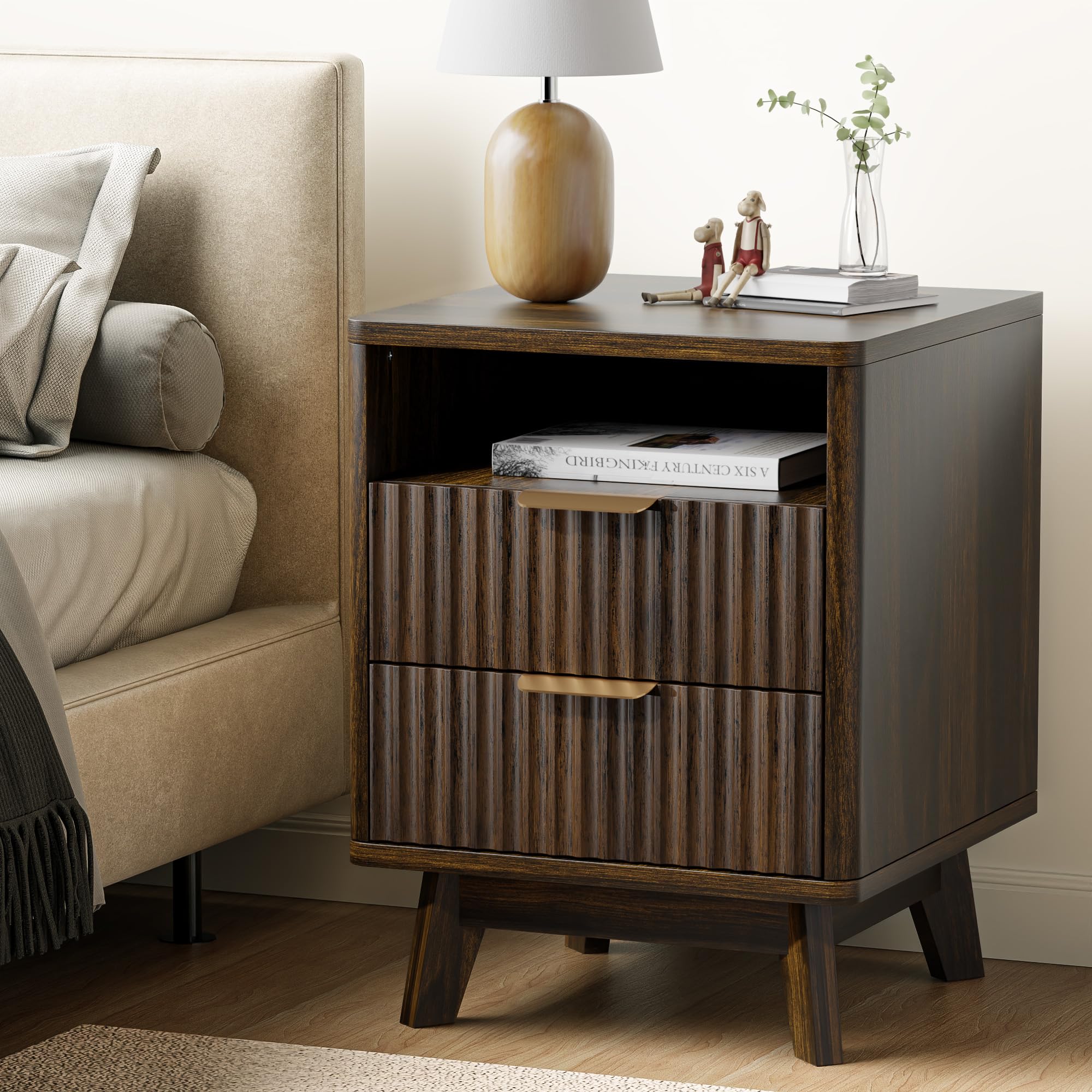Fluted Nightstand with 2 Drawers, 18" Modern Night Stand with Faux Marble Top, Open Storage Shelf, Curved Edge Bedside Table for Bedroom, End Side Table (1, Walnut)