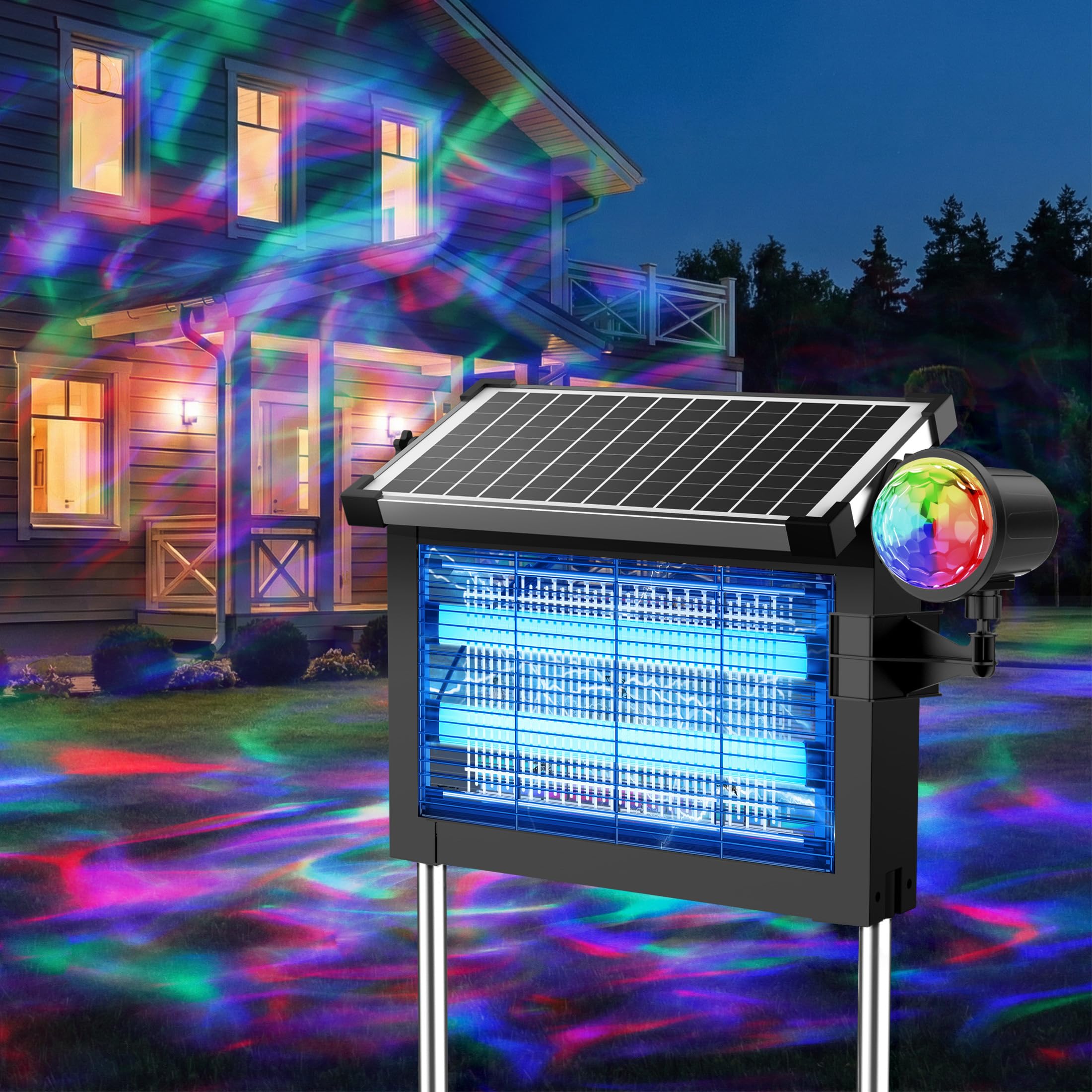 Solar Bug Zapper Outdoor, Rechargeable &amp; Solar Powered, 4500V High Voltage for Effective Mosquito &amp; Multi-Insect, 14-Color Projector Light, Waterproof for Camping Patio Courtyard Path Outdoor
